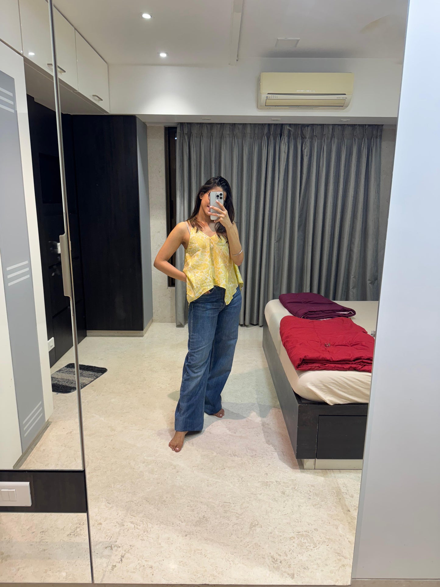Yellow Hand Block Spaghetti Mul Short Top