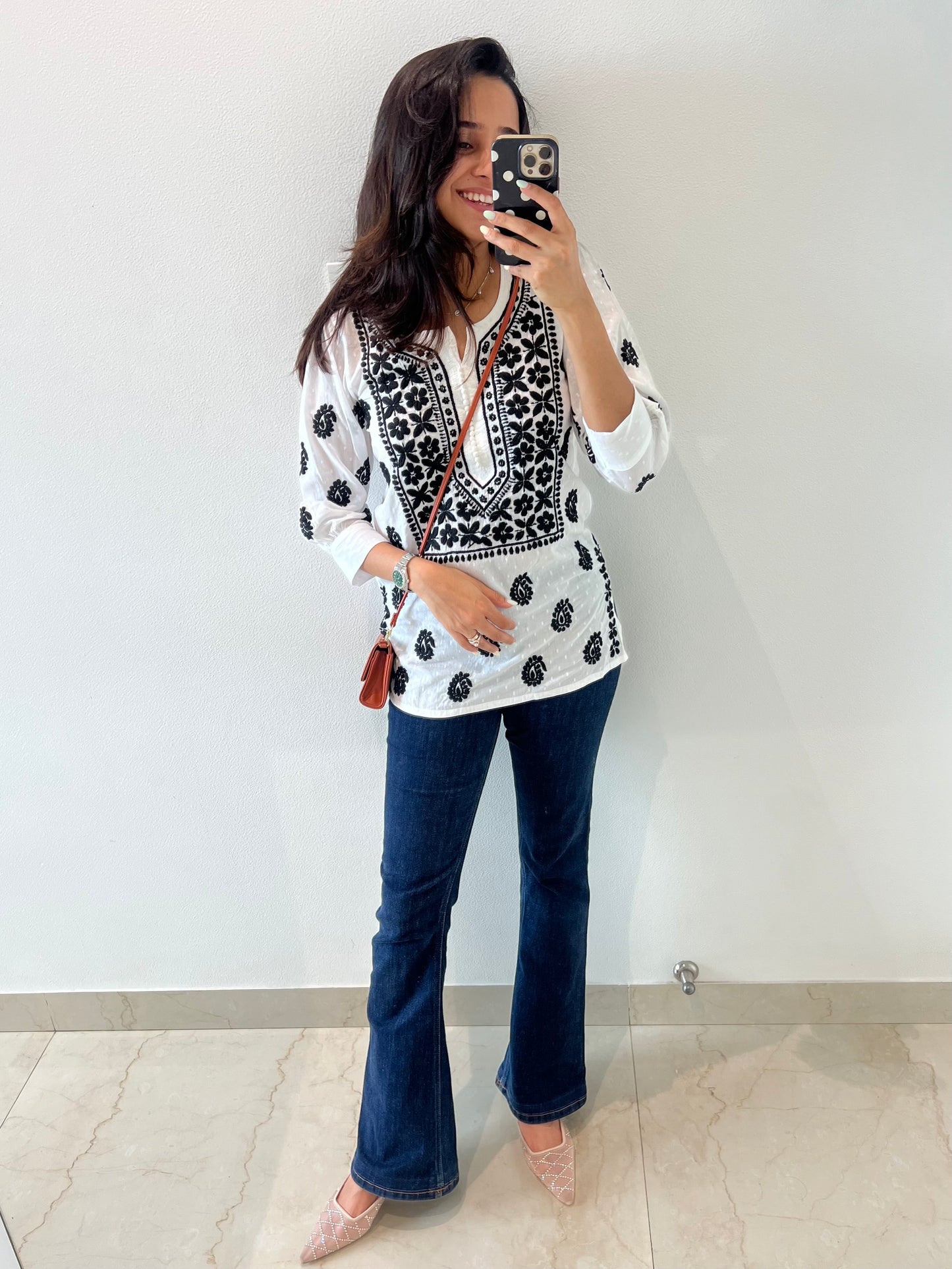 White Chikankari Relaxed Cotton Short Kurti - Desi Hart