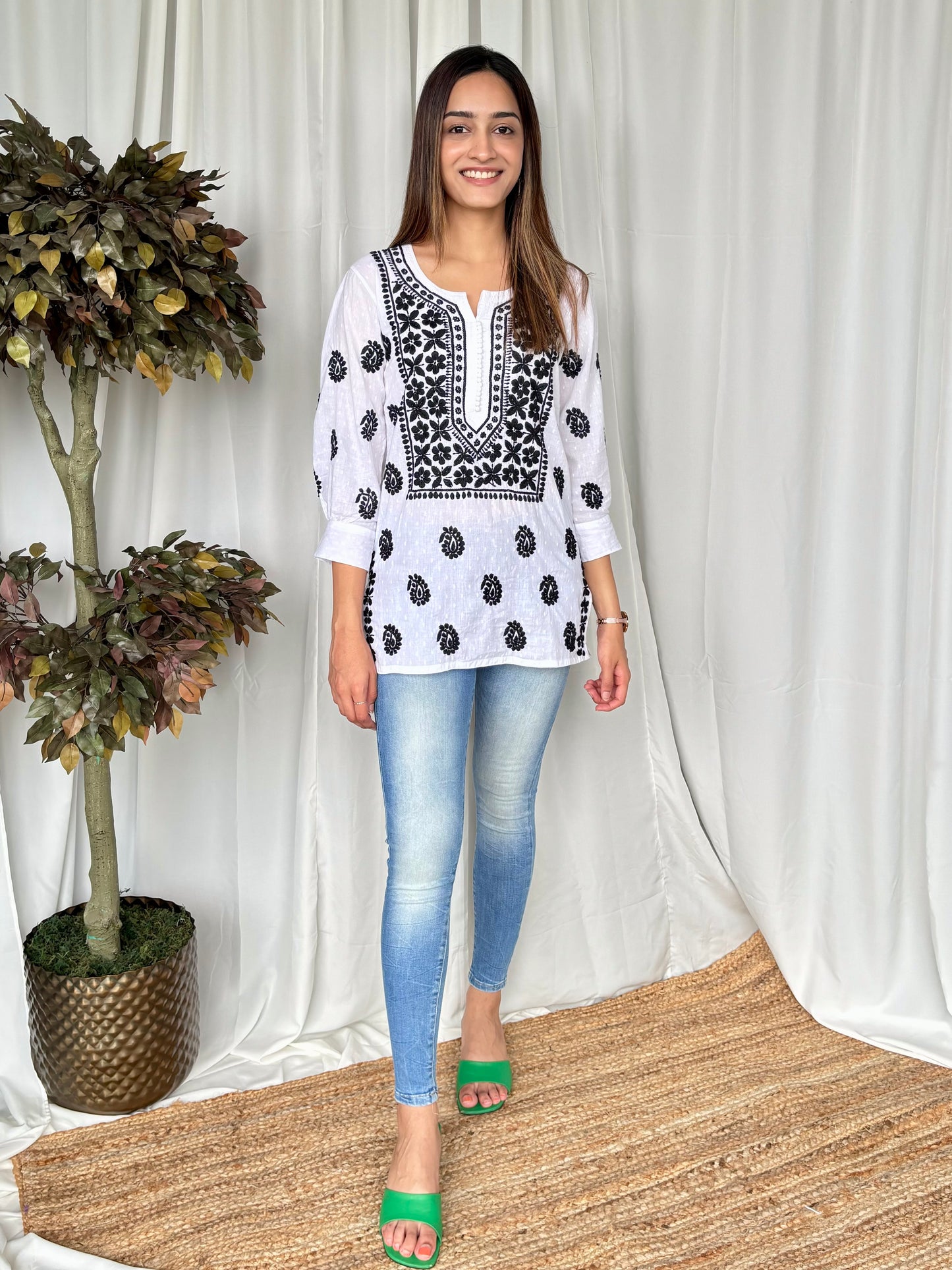 White Chikankari Relaxed Cotton Short Kurti - Desi Hart