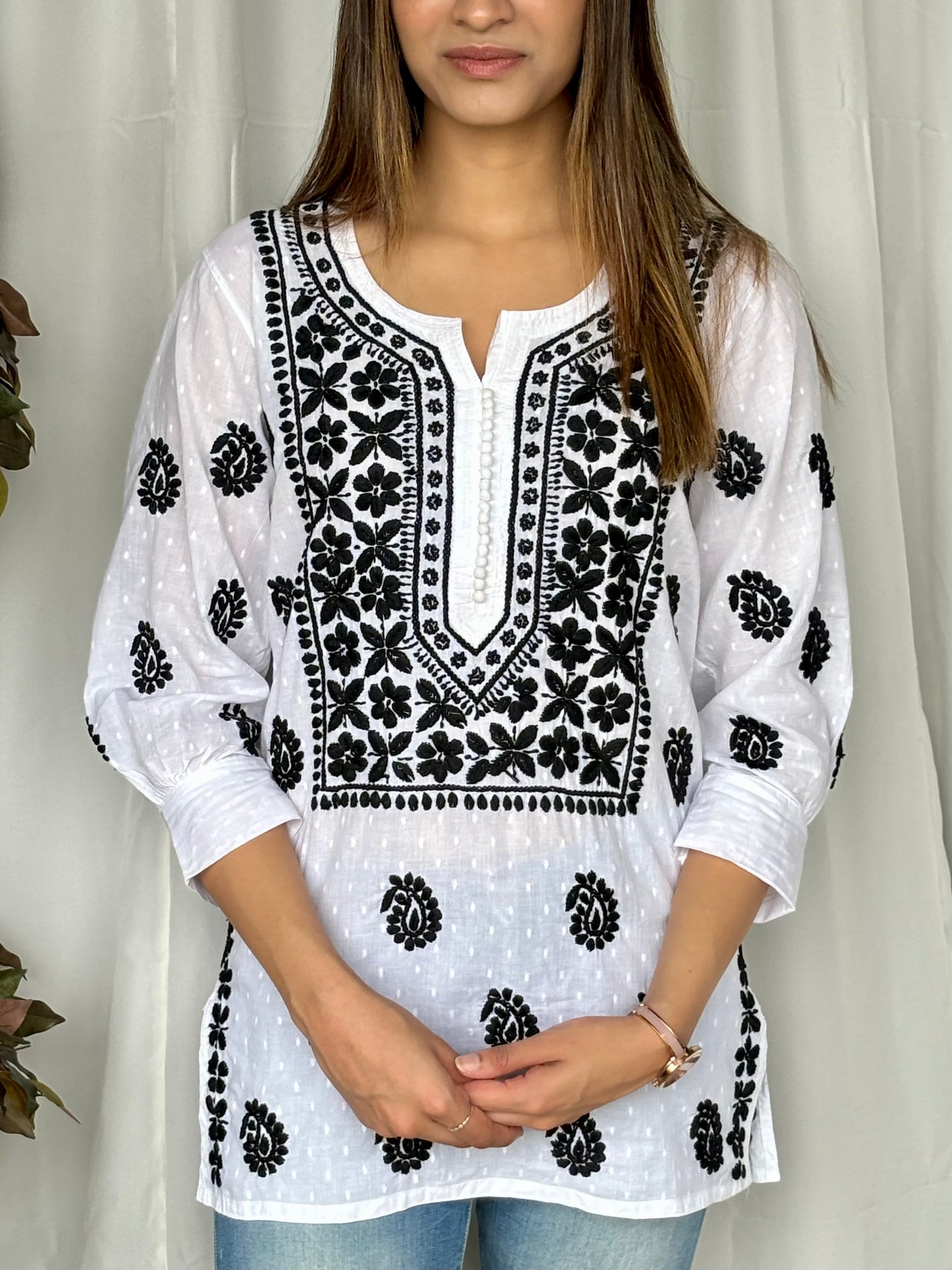 White Chikankari Relaxed Cotton Short Kurti - Desi Hart