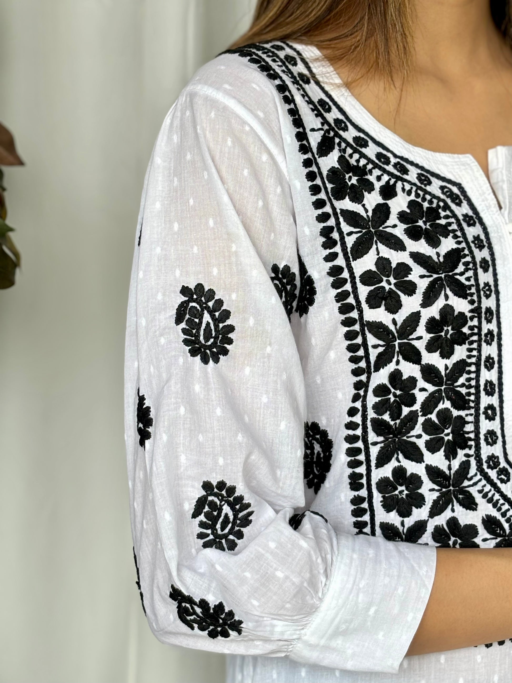 White Chikankari Relaxed Cotton Short Kurti - Desi Hart