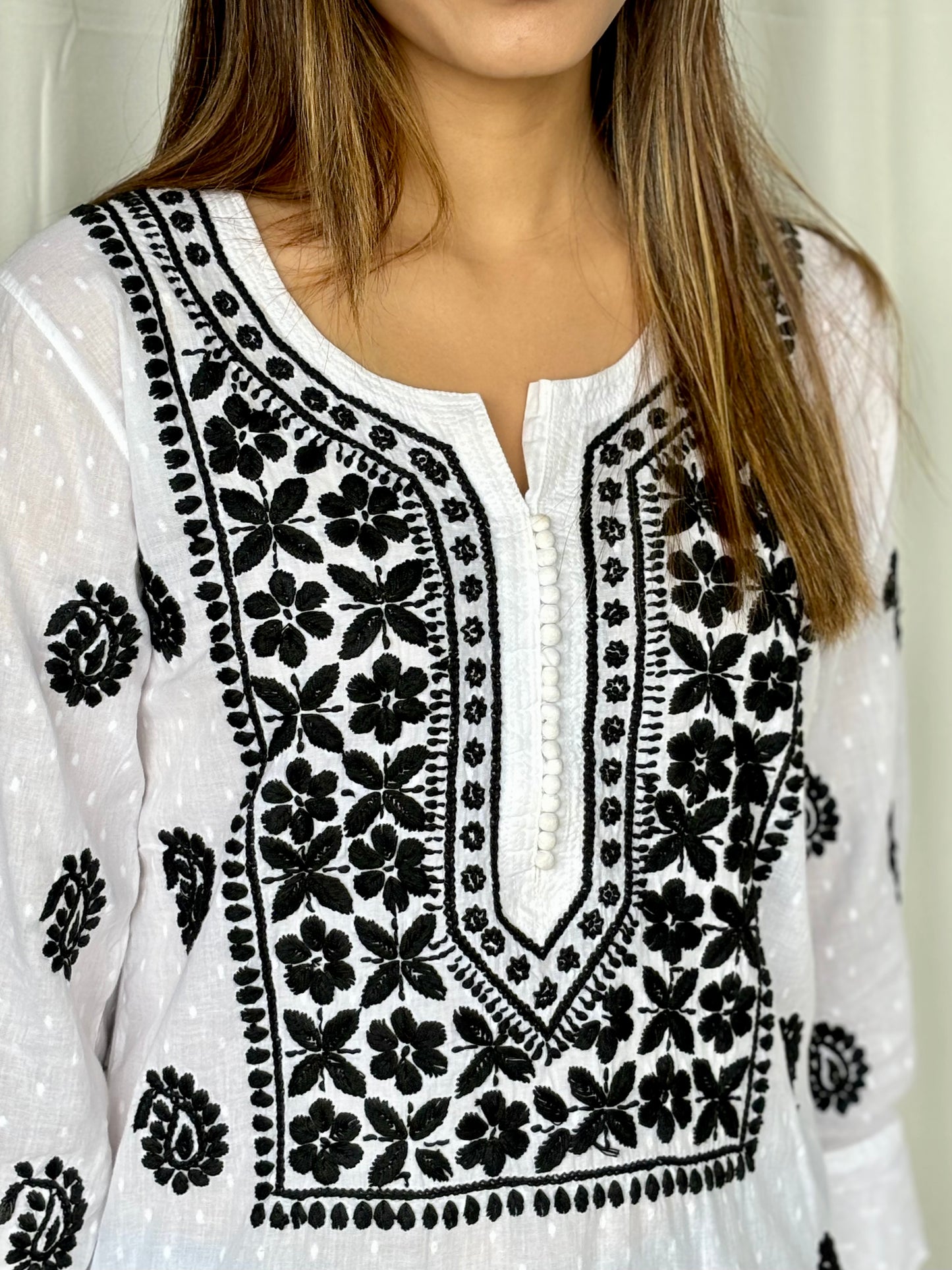 White Chikankari Relaxed Cotton Short Kurti - Desi Hart