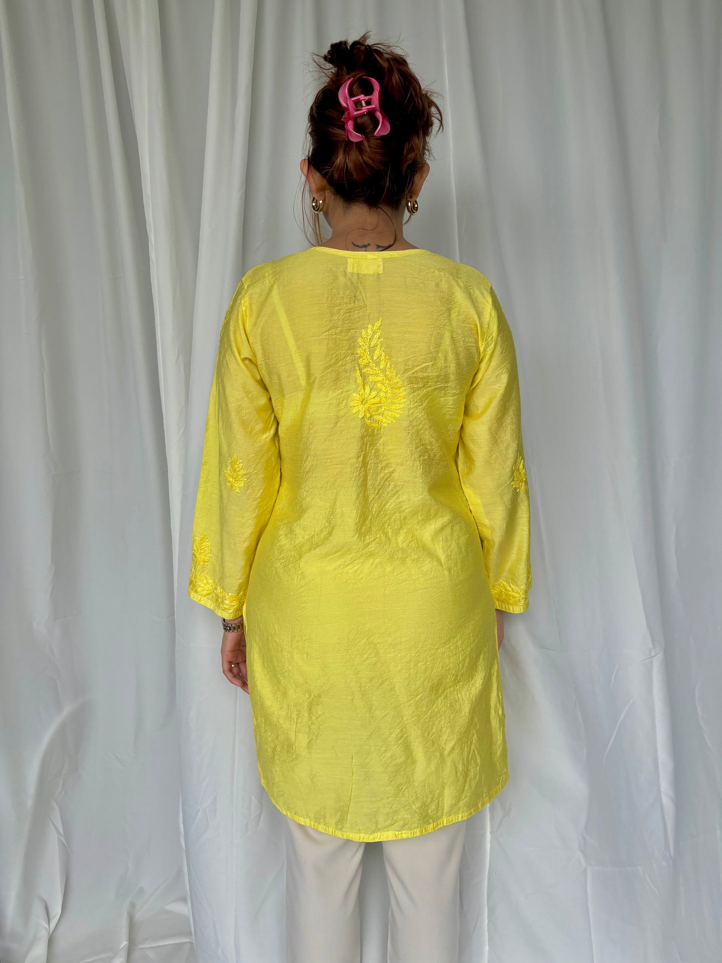 Yellow Chikankari Straight Chanderi Short Kurti - Desi Hart