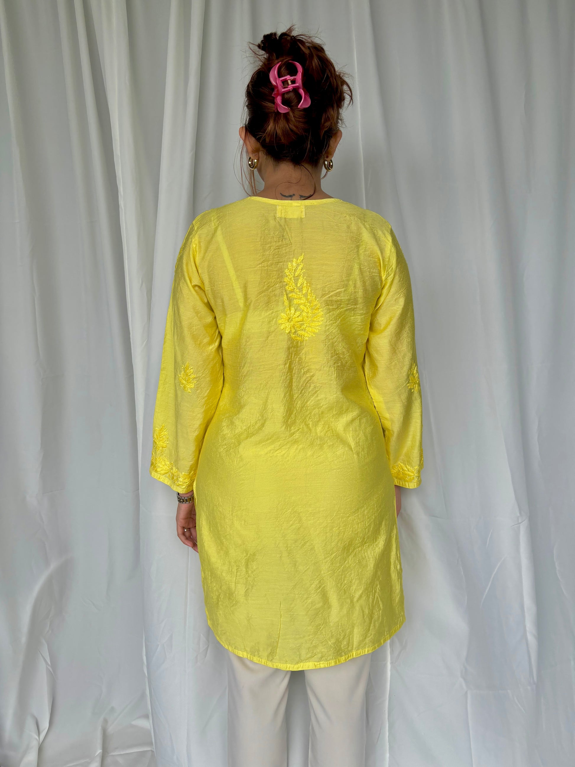 Yellow Chikankari Straight Chanderi Short Kurti - Desi Hart