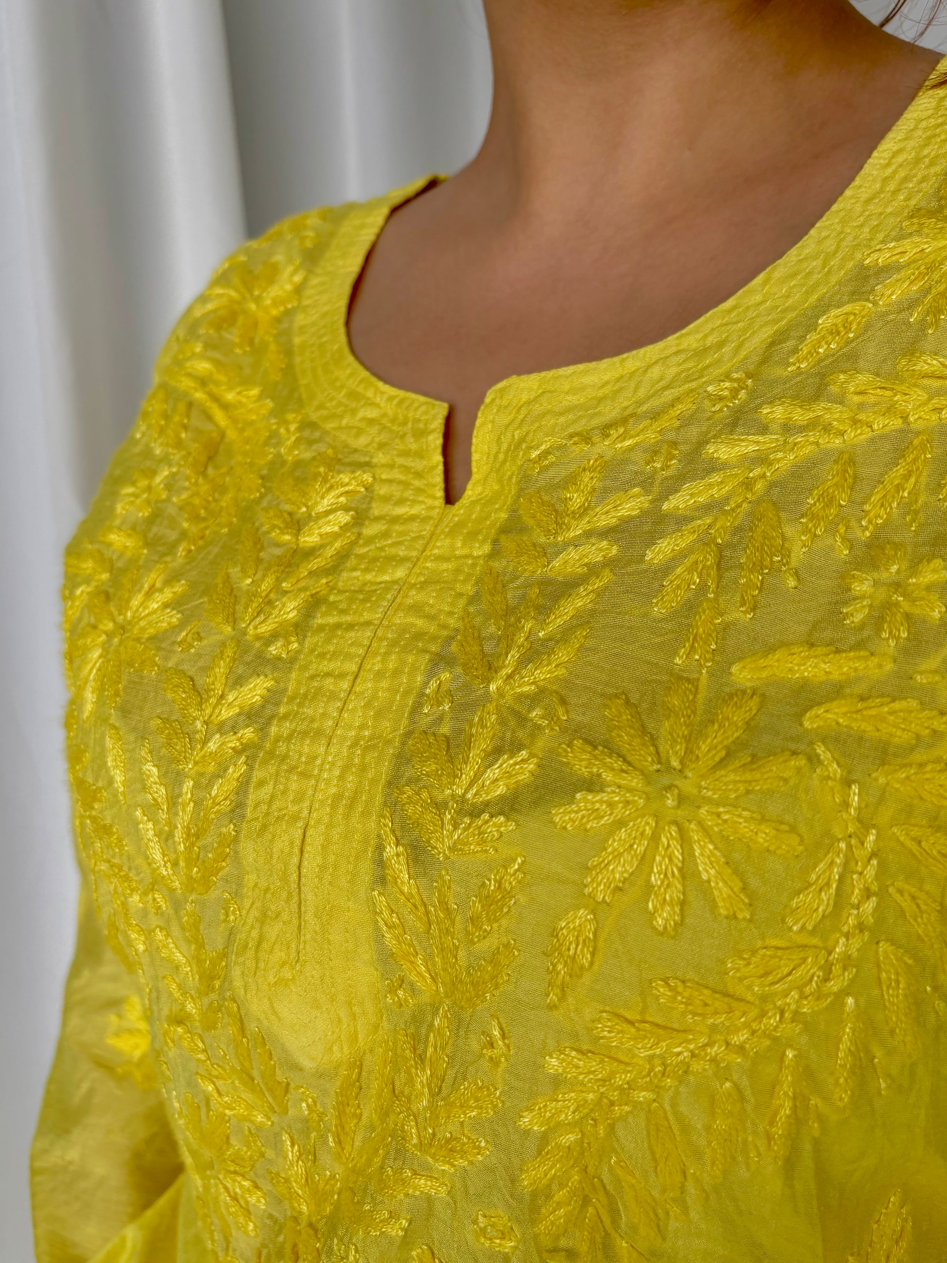 Yellow Chikankari Straight Chanderi Short Kurti - Desi Hart