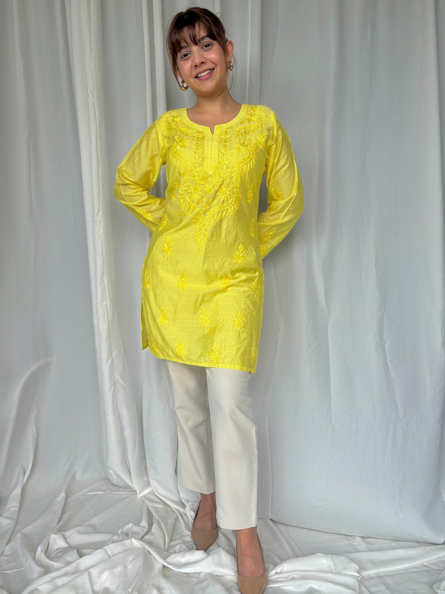 Yellow Chikankari Straight Chanderi Short Kurti - Desi Hart