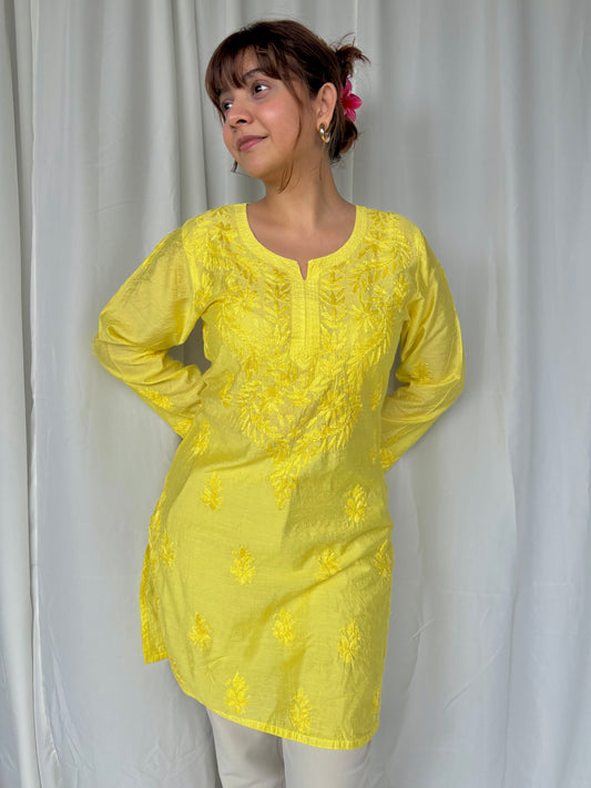 Yellow Chikankari Straight Chanderi Short Kurti - Desi Hart