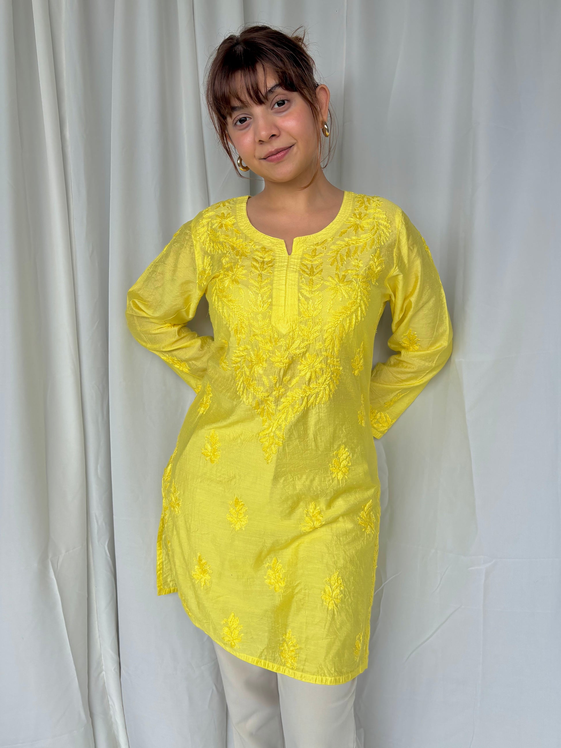 Yellow Chikankari Straight Chanderi Short Kurti - Desi Hart