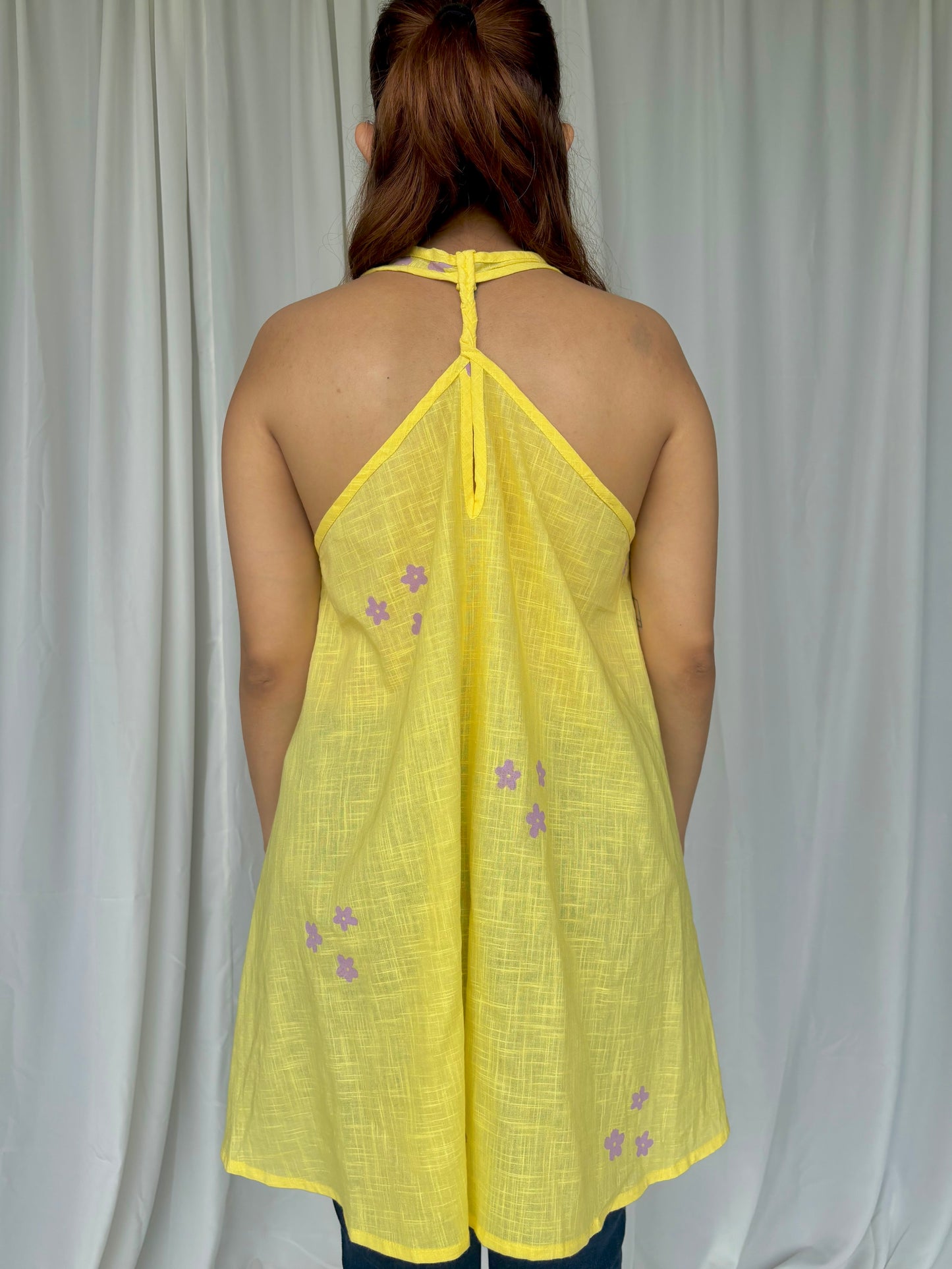 Yellow Hand Block Relaxed Cotton Short Top - Desi Hart