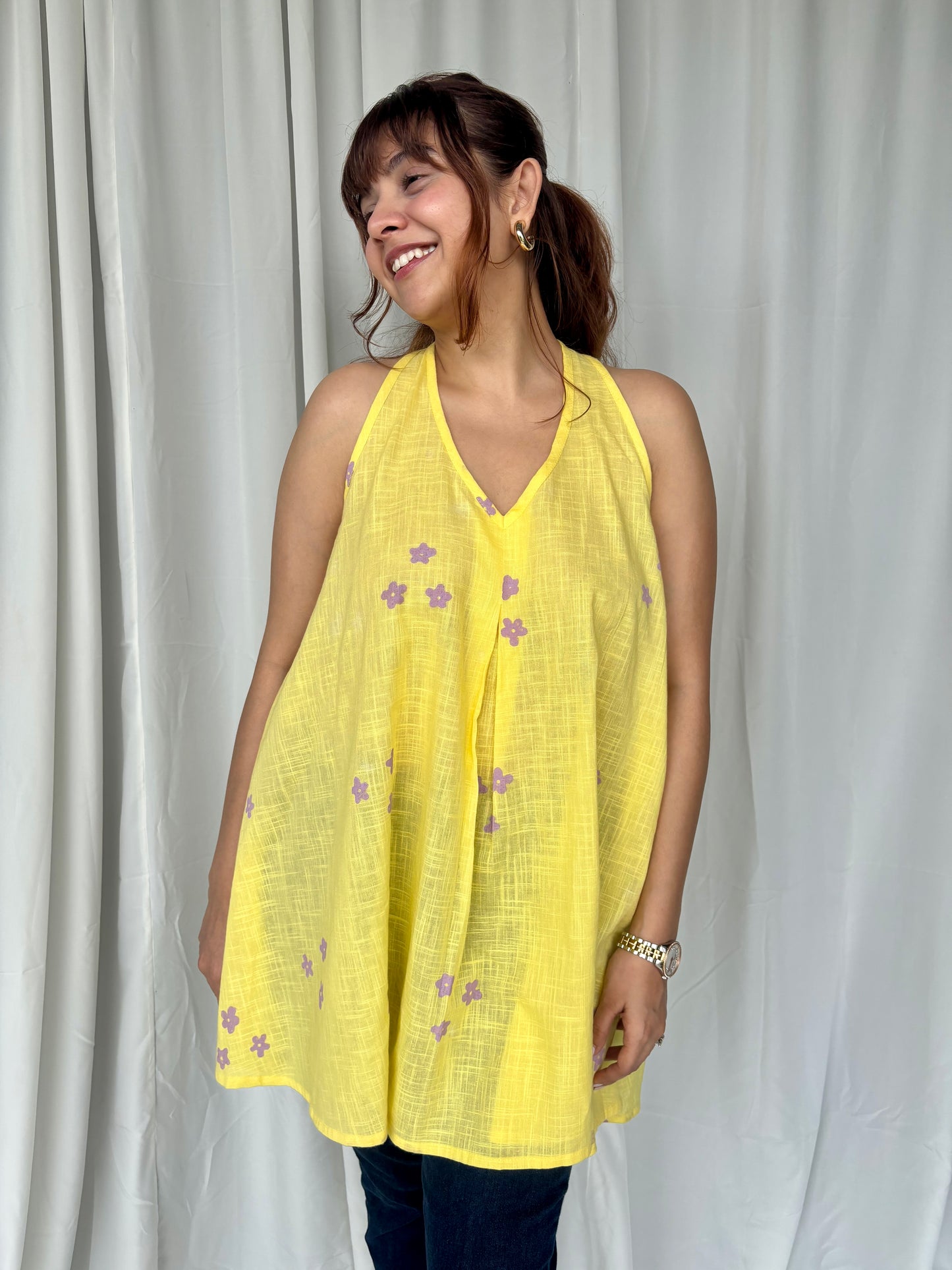 Yellow Hand Block Relaxed Cotton Short Top - Desi Hart