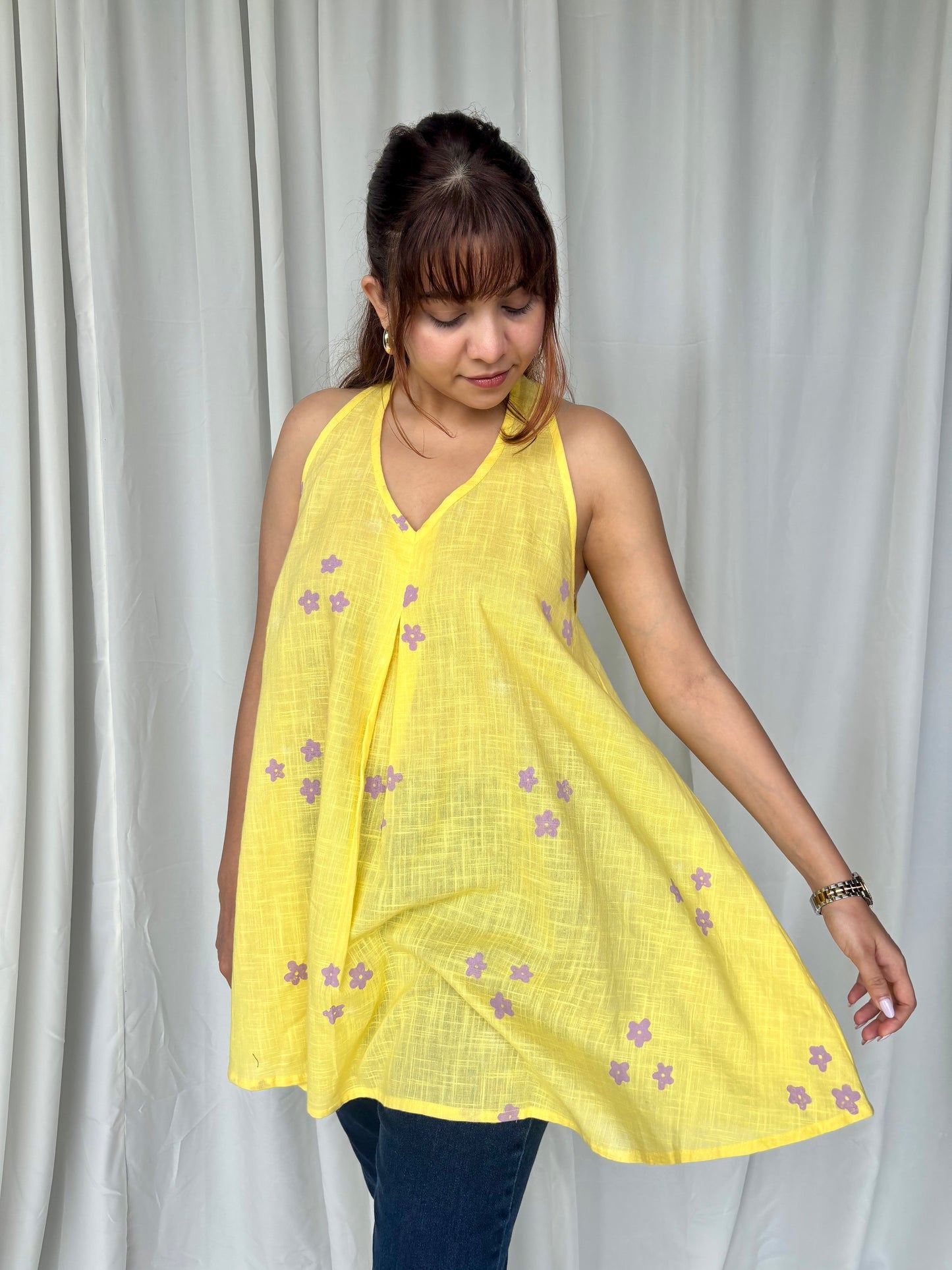Yellow Hand Block Relaxed Cotton Short Top - Desi Hart