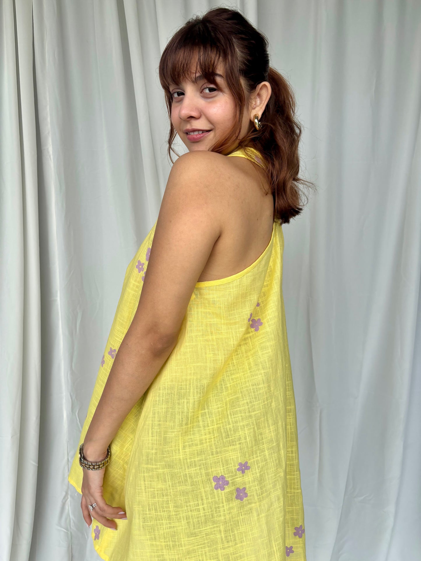 Yellow Hand Block Relaxed Cotton Short Top - Desi Hart