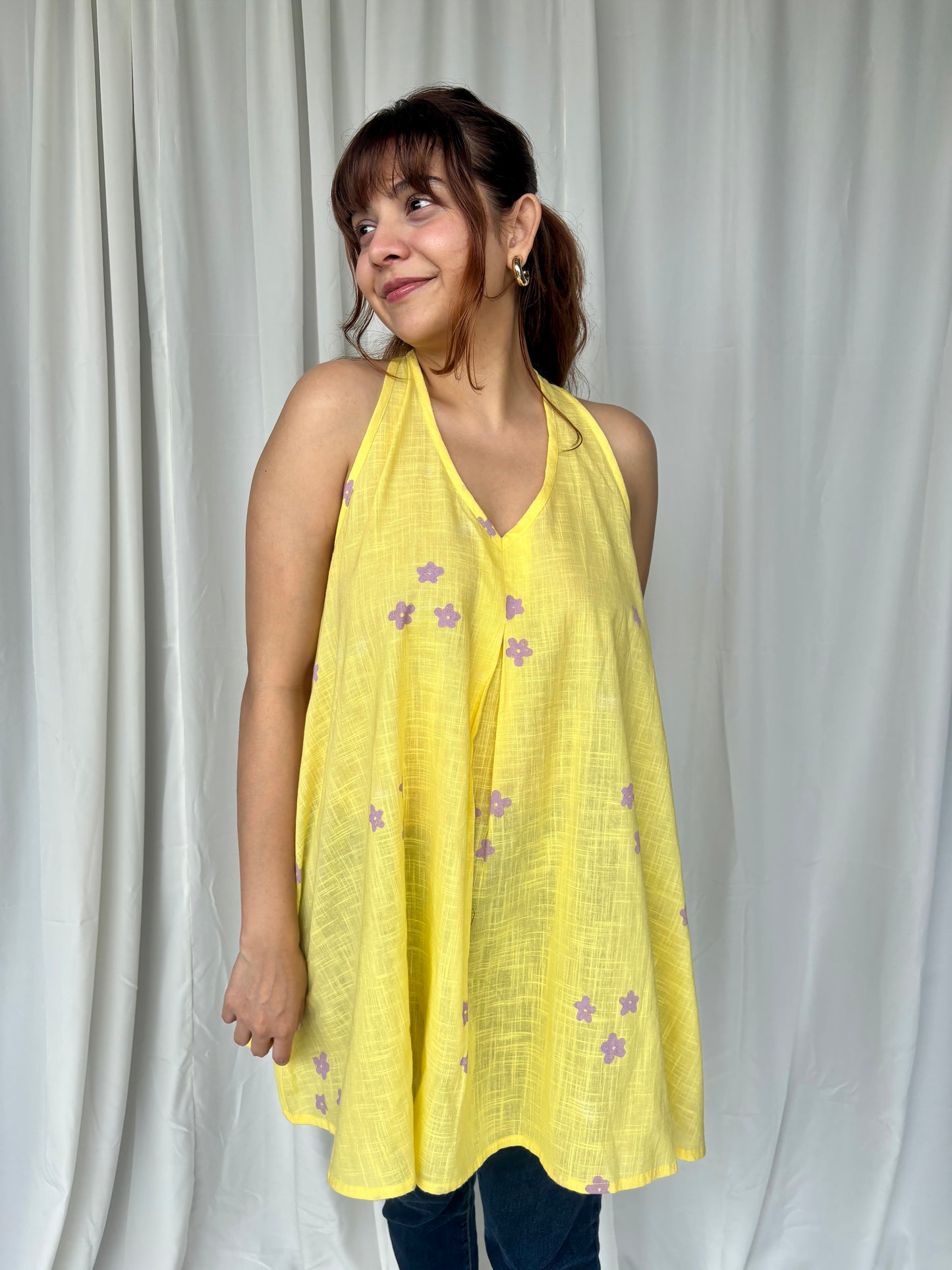Yellow Hand Block Relaxed Cotton Short Top - Desi Hart