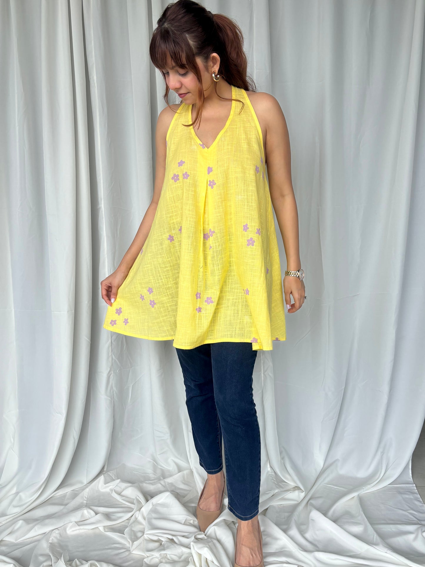 Yellow Hand Block Relaxed Cotton Short Top - Desi Hart