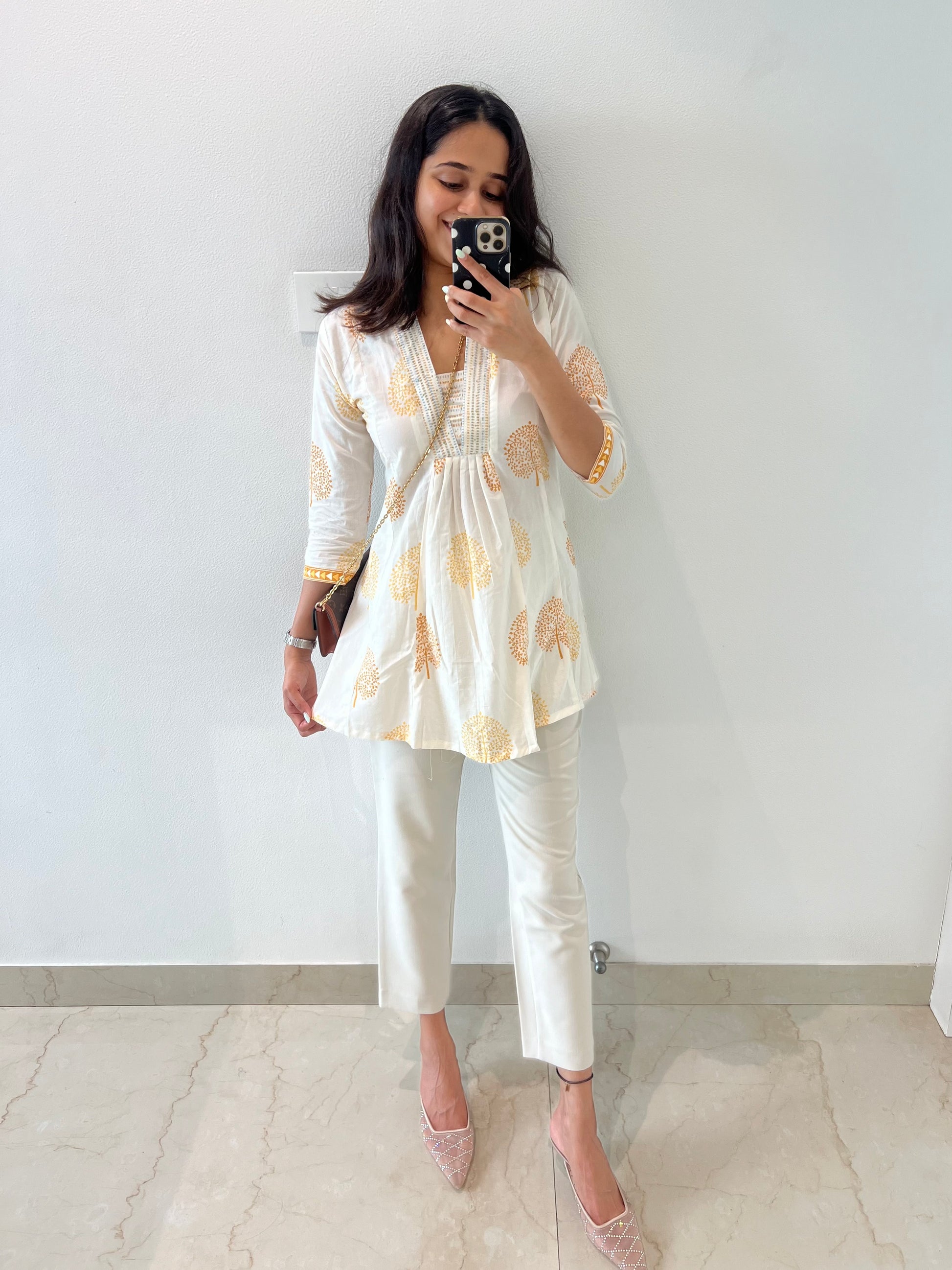 Yellow Hand Block Flared Cotton Short Kurti - Desi Hart