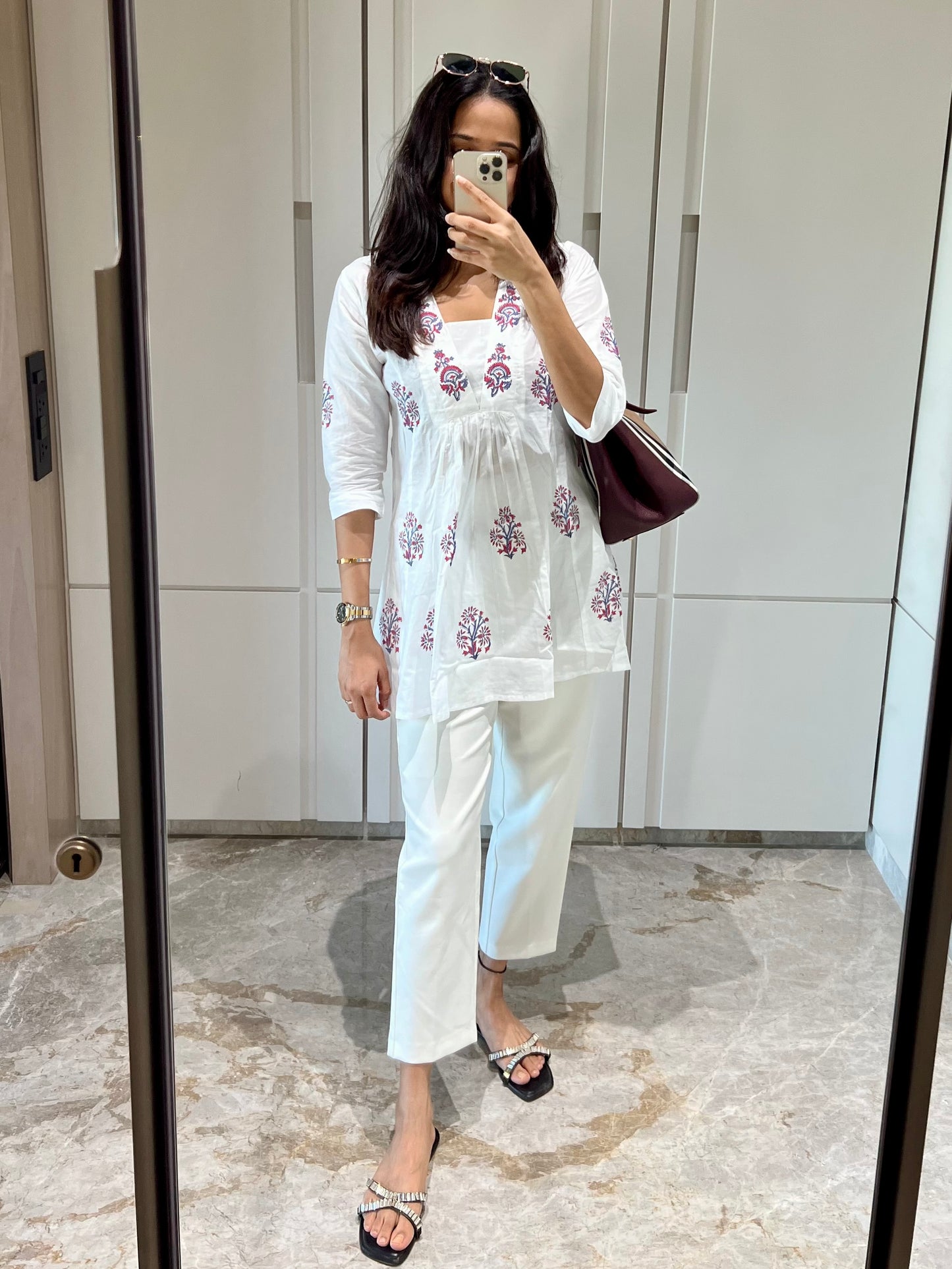 White Hand Block Flared Cotton Short Kurti - Desi Hart