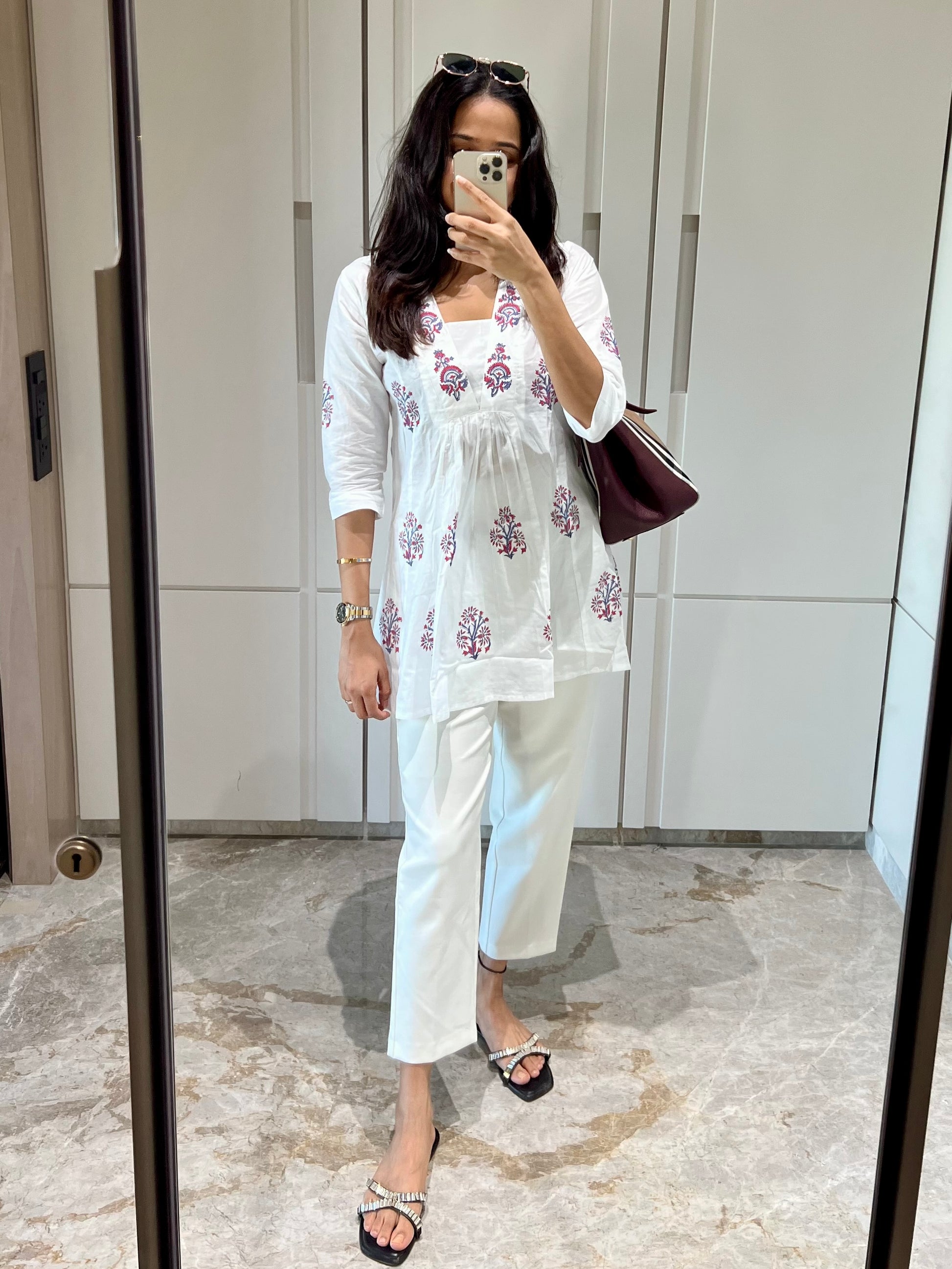 White Hand Block Flared Cotton Short Kurti - Desi Hart