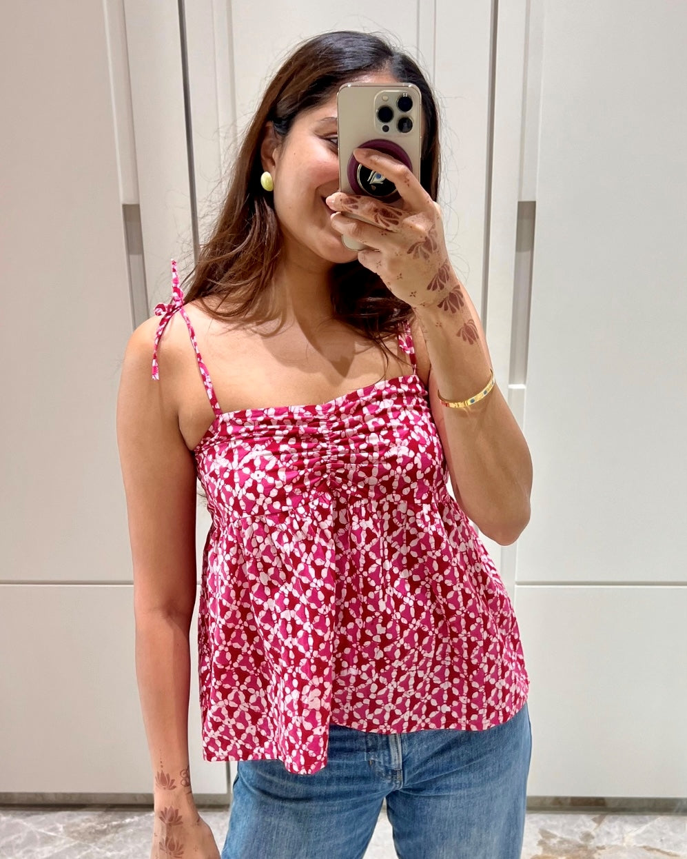 Pink Hand Block Spaghetti Cotton Short Top