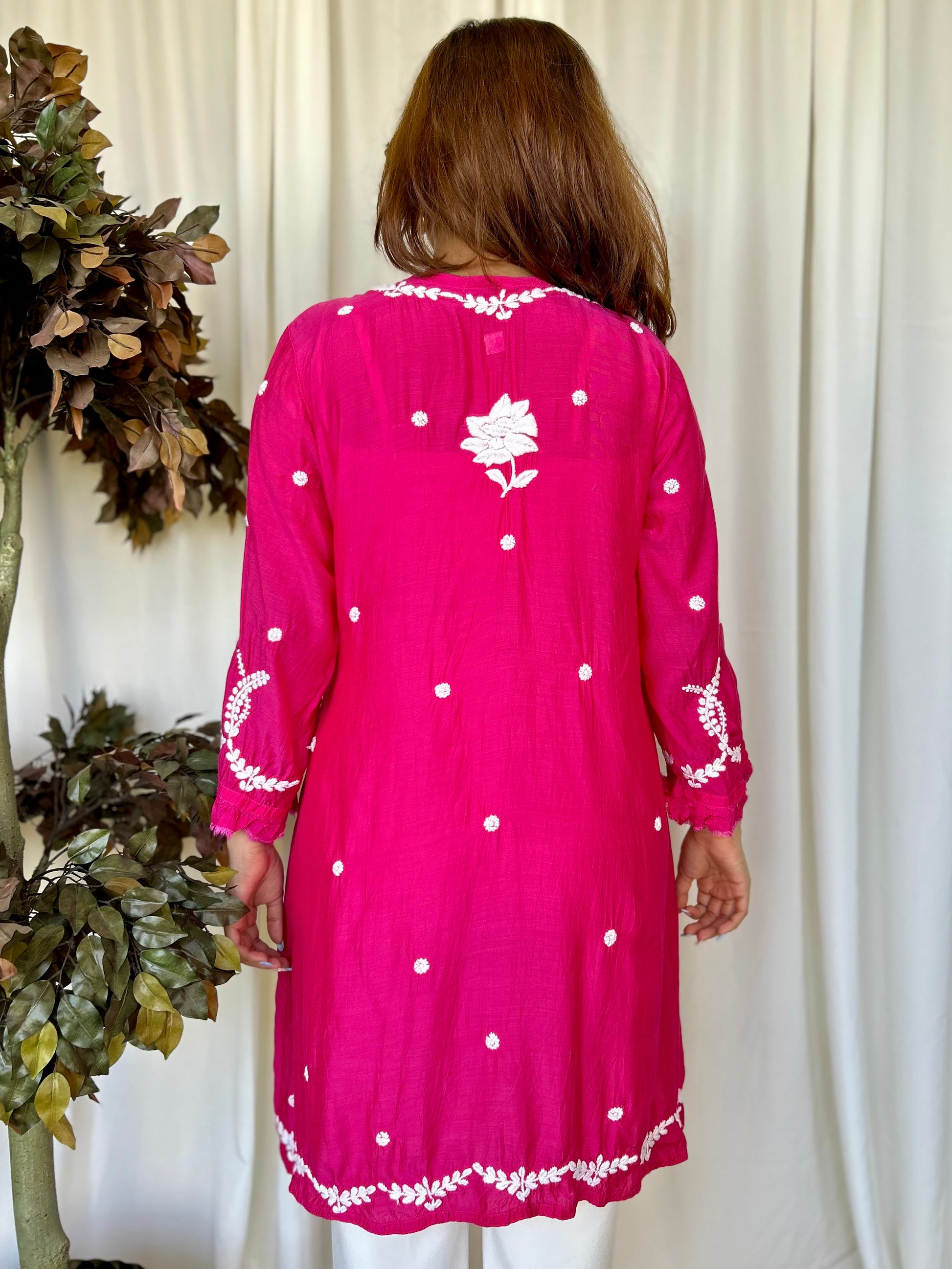 Pink Chikankari Flared Muslin Short Kurti - Desi Hart