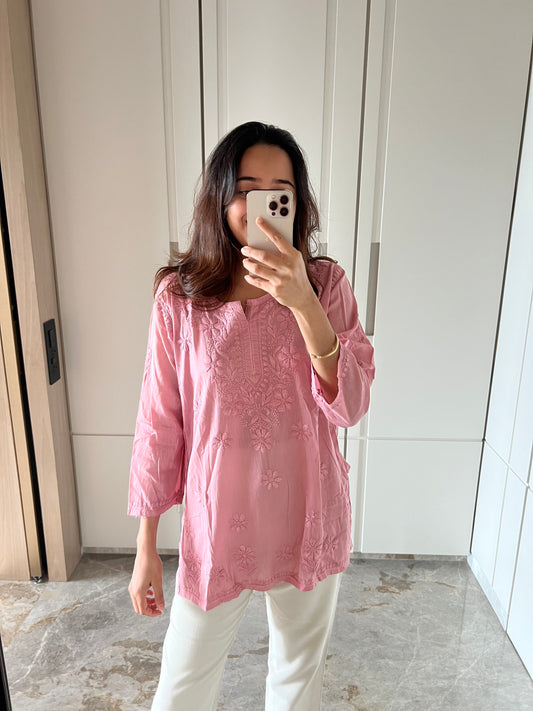 Peach Chikankari Straight Mul Short Kurti