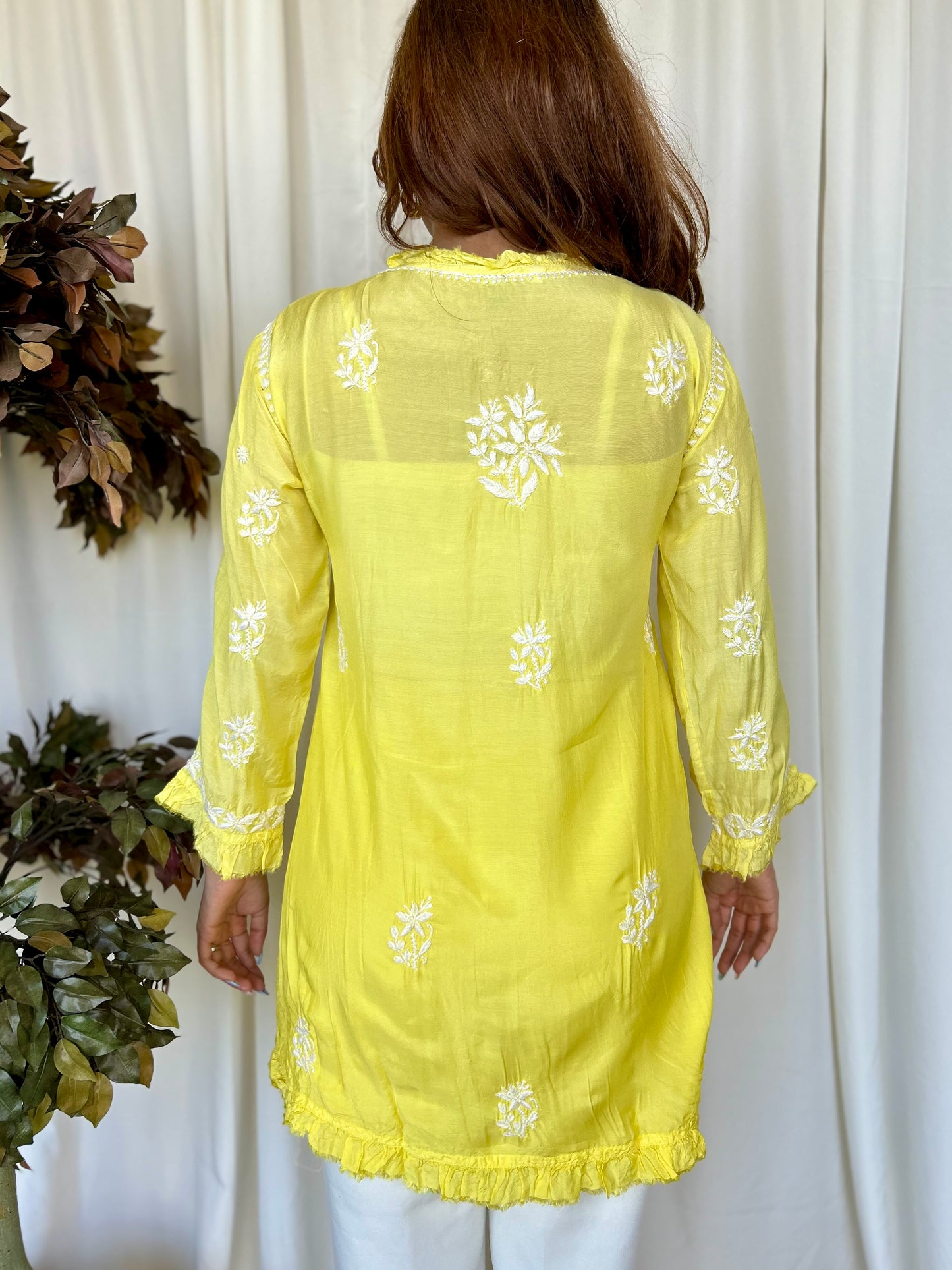 Yellow Chikankari Flared Muslin Short Kurti - Desi Hart