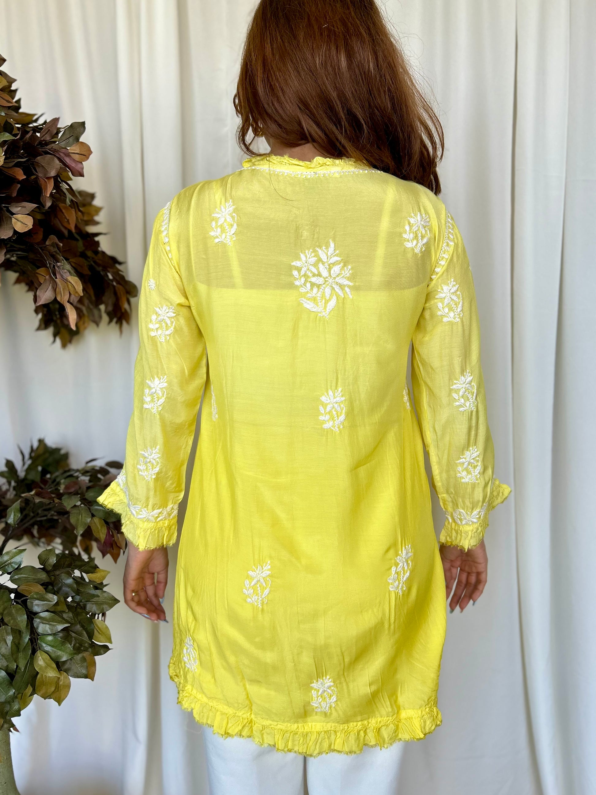 Yellow Chikankari Flared Muslin Short Kurti - Desi Hart