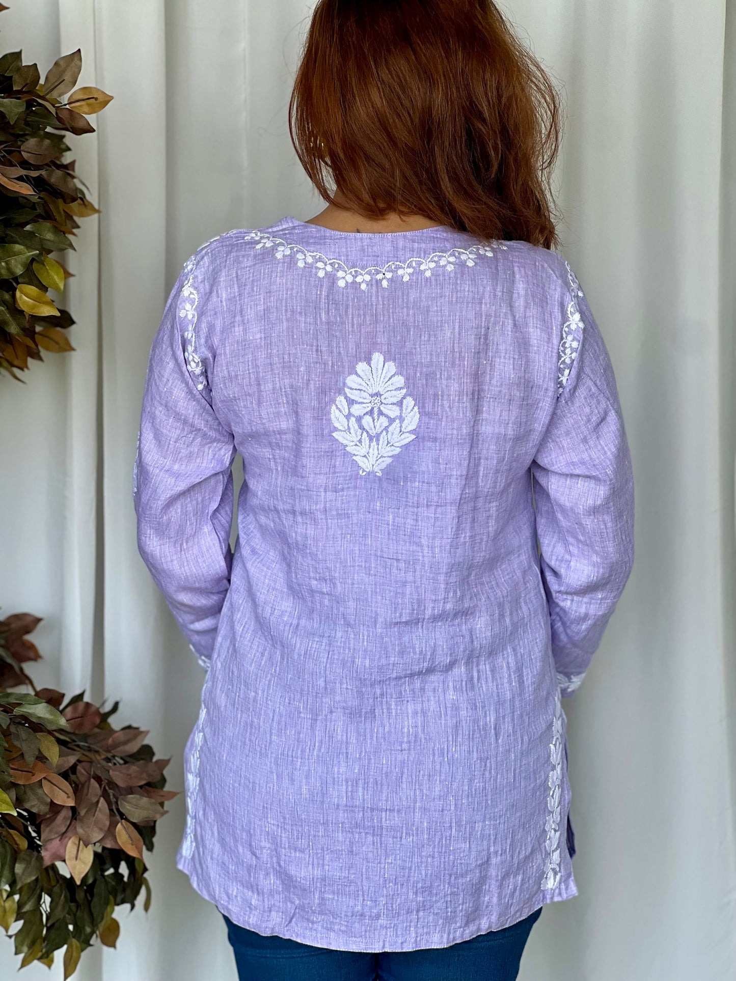 Blue Chikankari Relaxed Linen Short Kurti - Desi Hart