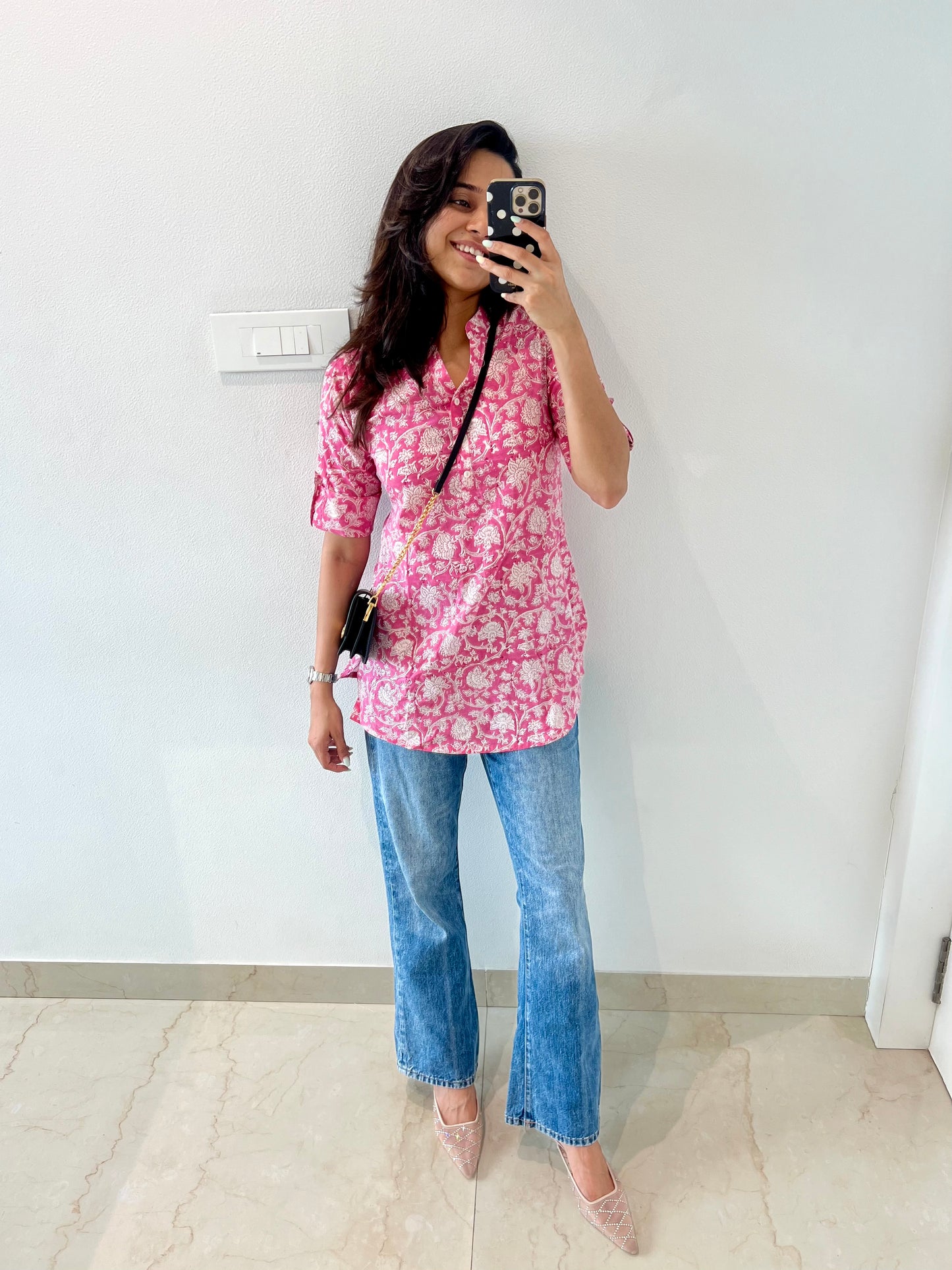 Pink Hand Block Relaxed Cotton Short Kurti - Desi Hart