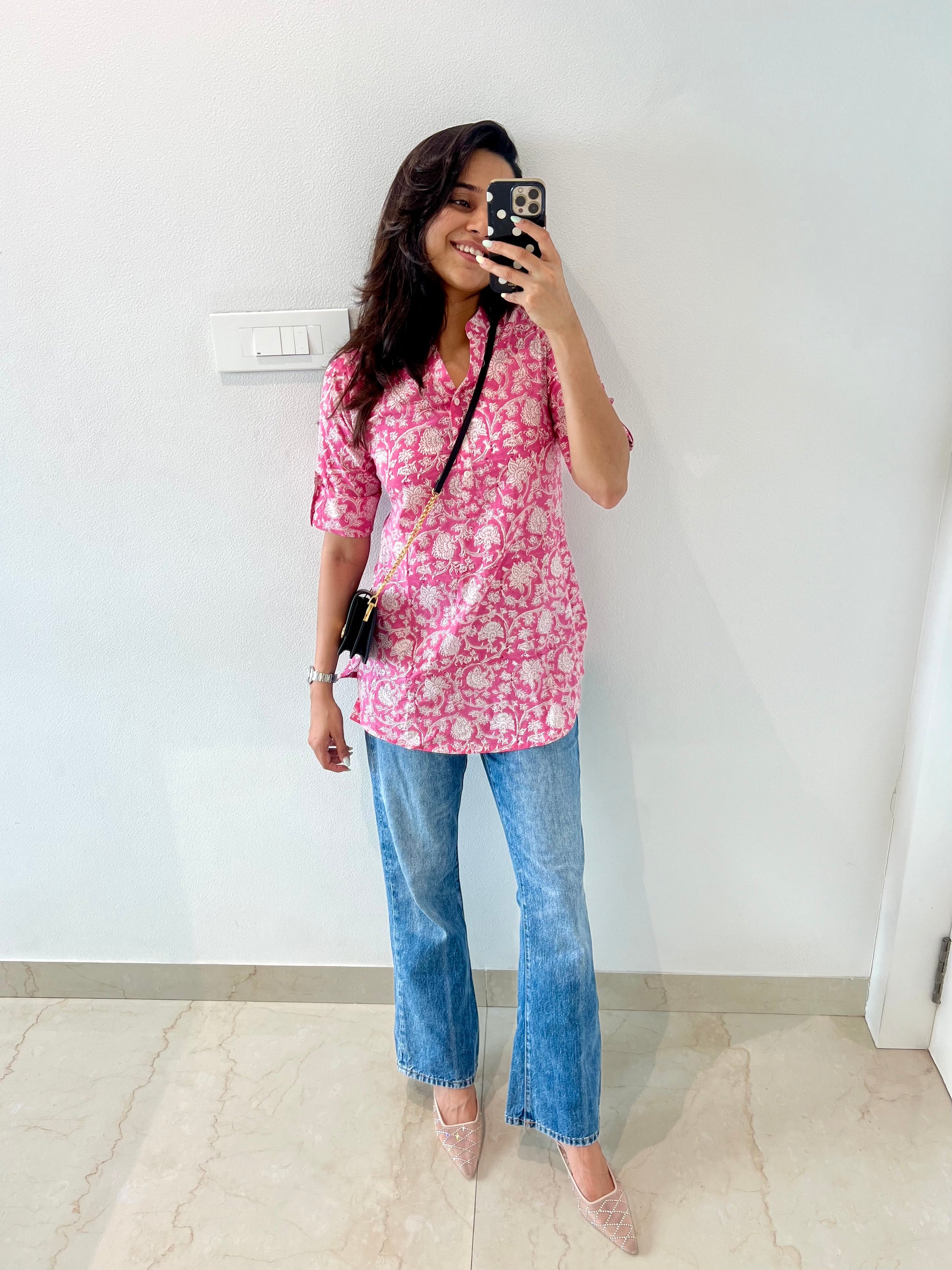 Pink Hand Block Relaxed Cotton Short Kurti - Desi Hart