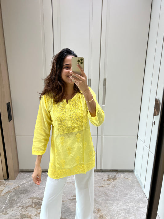 Yellow Chikankari Square Neck Straight Chanderi Short Kurti