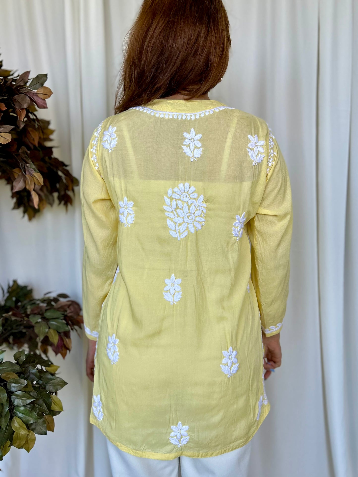 Yellow Chikankari Relaxed Modal Short Kurti - Desi Hart