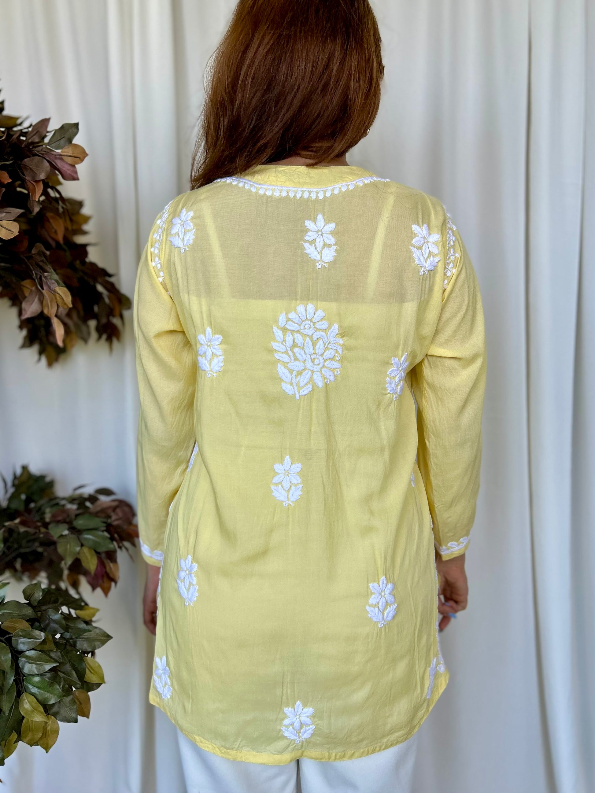 Yellow Chikankari Relaxed Modal Short Kurti - Desi Hart
