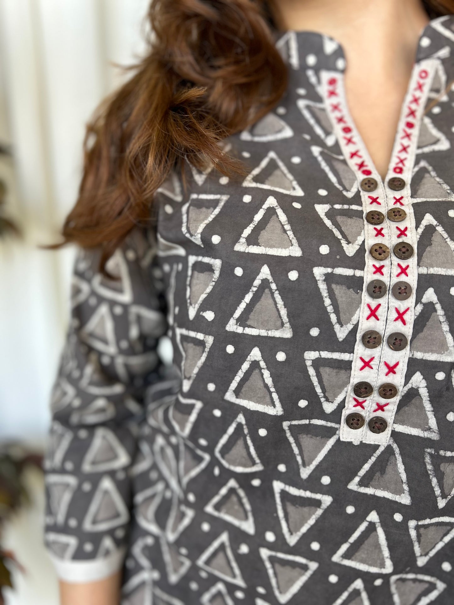 Brown Dabu Straight Cotton Short Kurti - Desi Hart