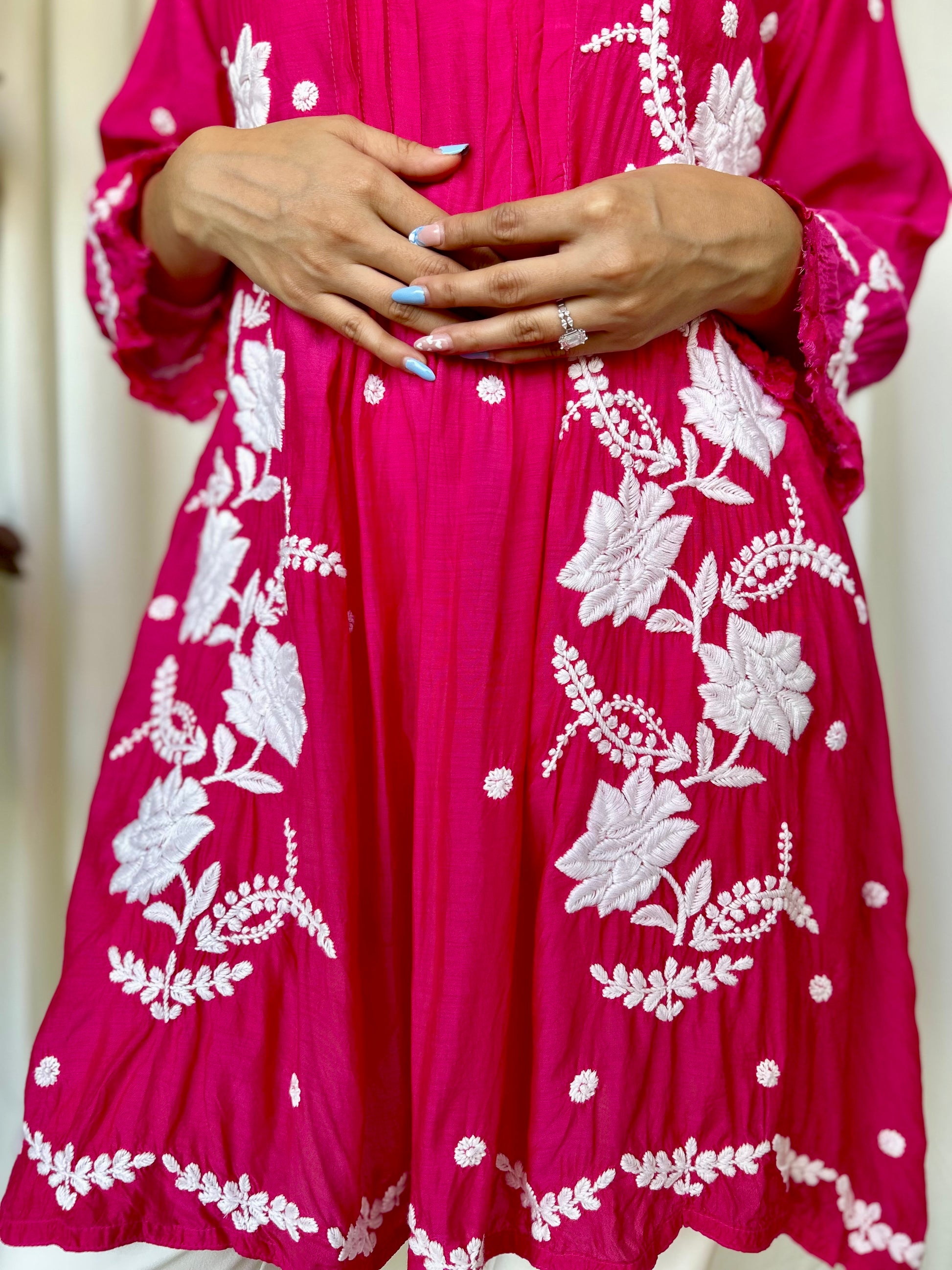 Pink Chikankari Flared Muslin Short Kurti - Desi Hart