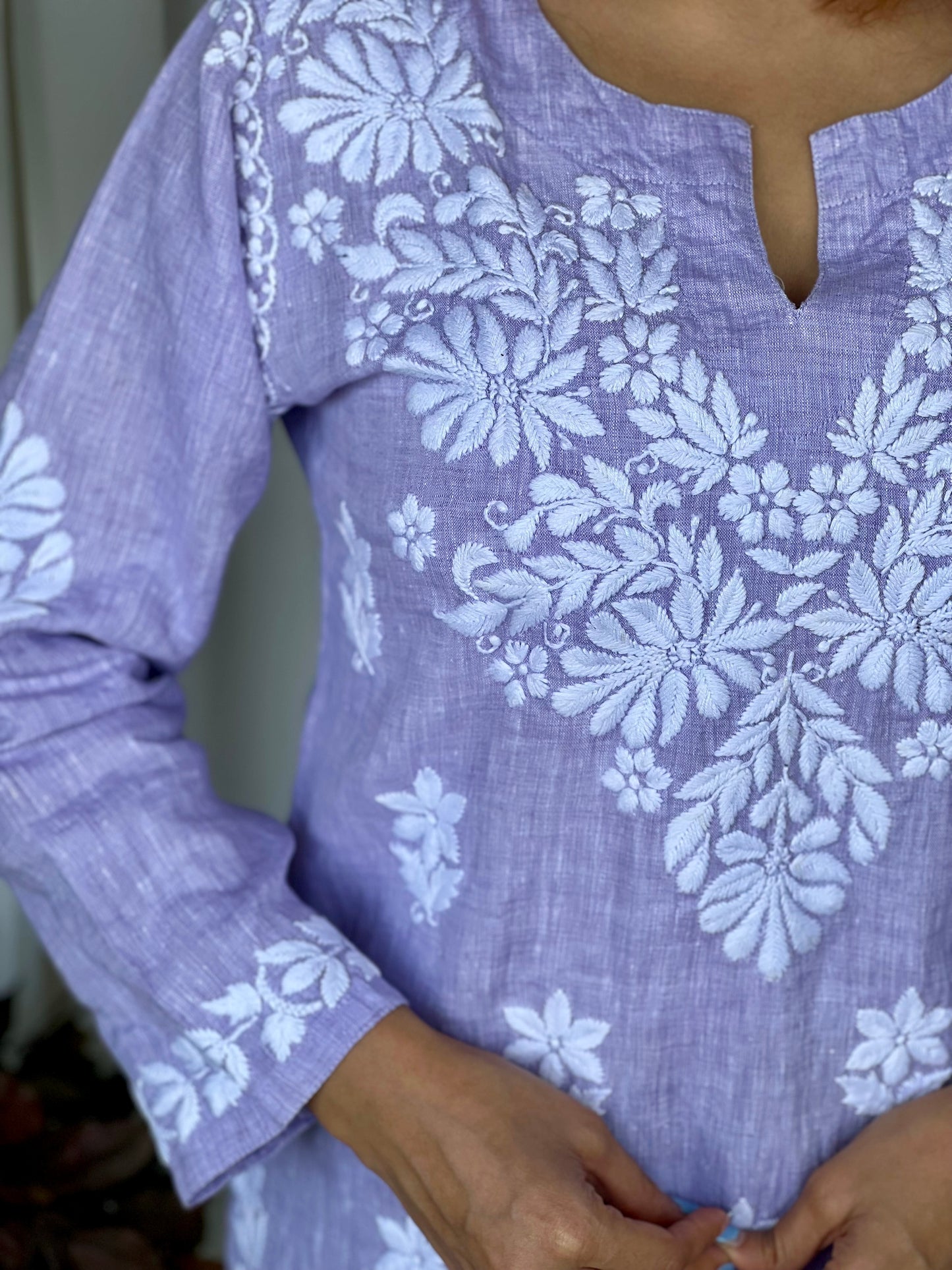 Blue Chikankari Relaxed Linen Short Kurti - Desi Hart