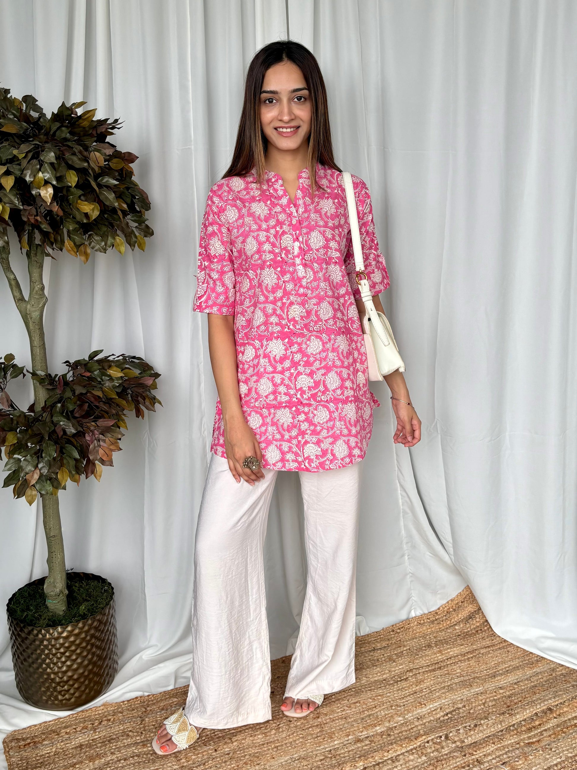 Pink Hand Block Relaxed Cotton Short Kurti - Desi Hart