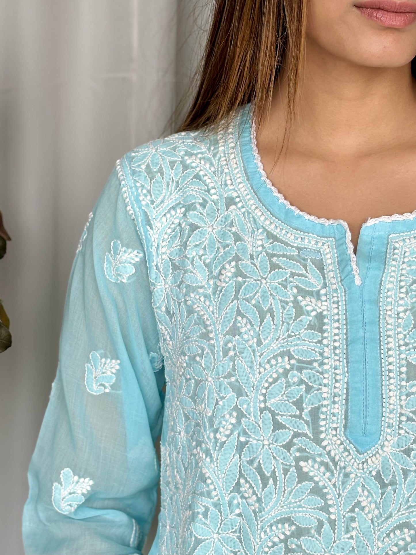 Blue Chikankari Relaxed Cotton Short Kurti