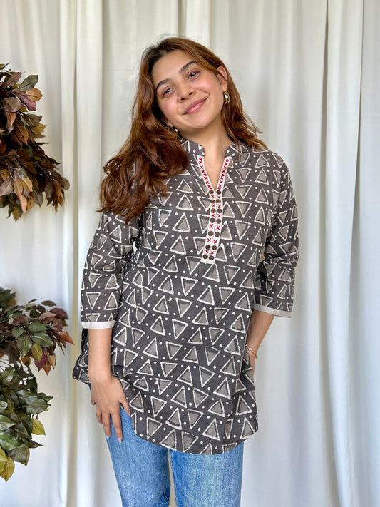 Brown Dabu Straight Cotton Short Kurti - Desi Hart