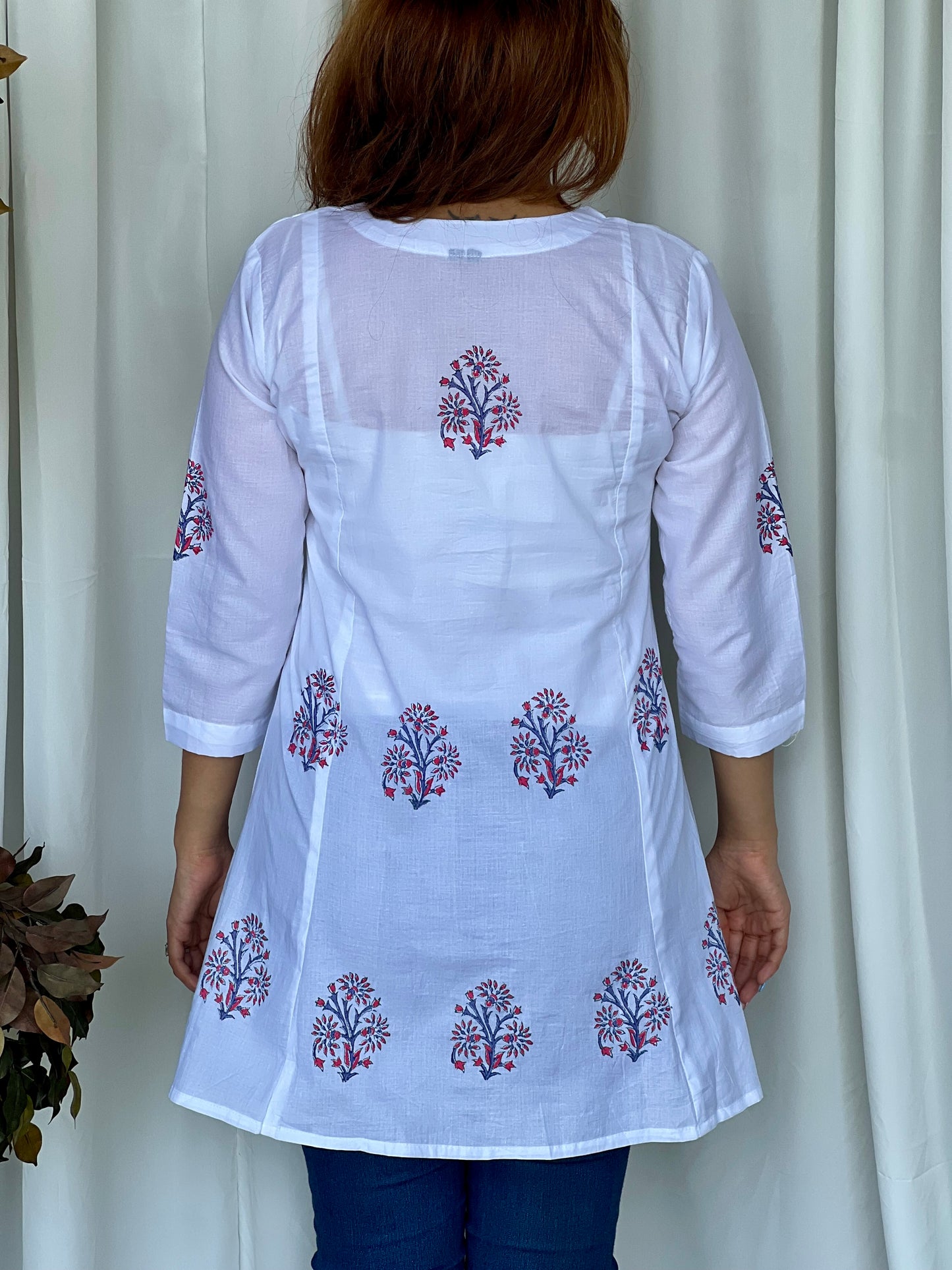 White Hand Block Flared Cotton Short Kurti - Desi Hart