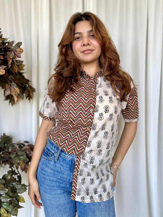 Multi Colour Hand Block Relaxed Cotton Shirt - Desi Hart