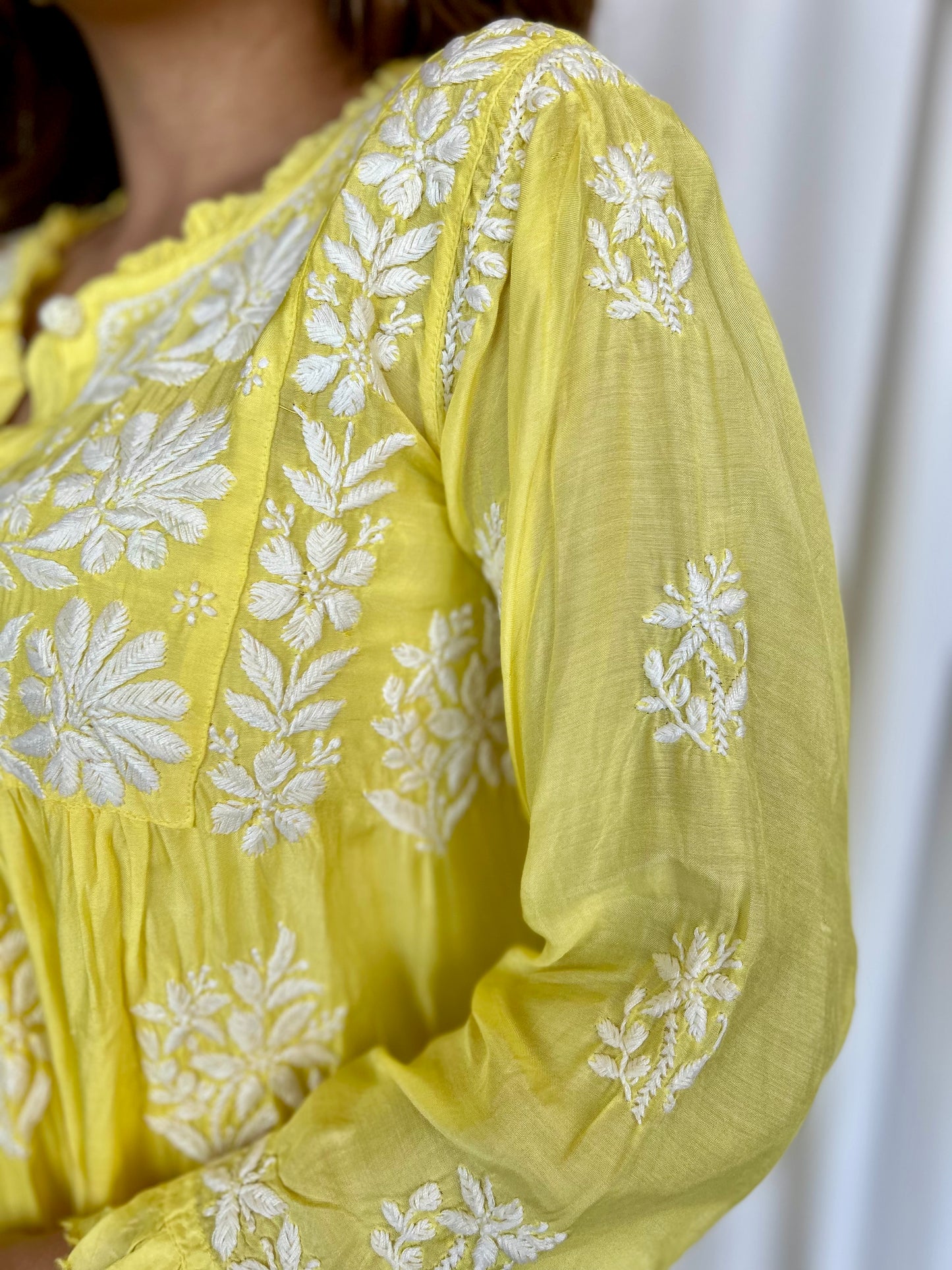 Yellow Chikankari Flared Muslin Short Kurti - Desi Hart