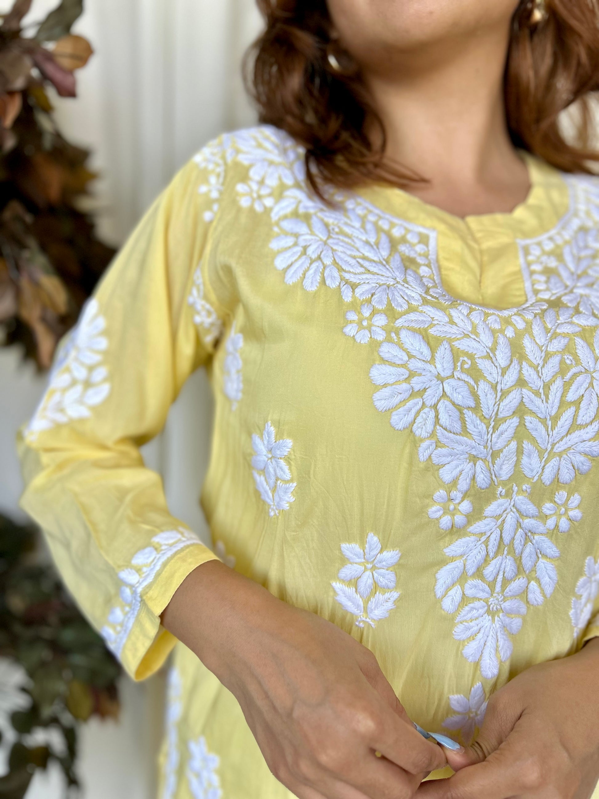 Yellow Chikankari Relaxed Modal Short Kurti - Desi Hart