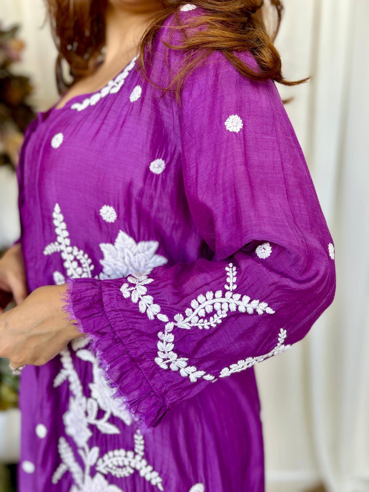 Pink Chikankari Flared Muslin Short Kurti - Desi Hart