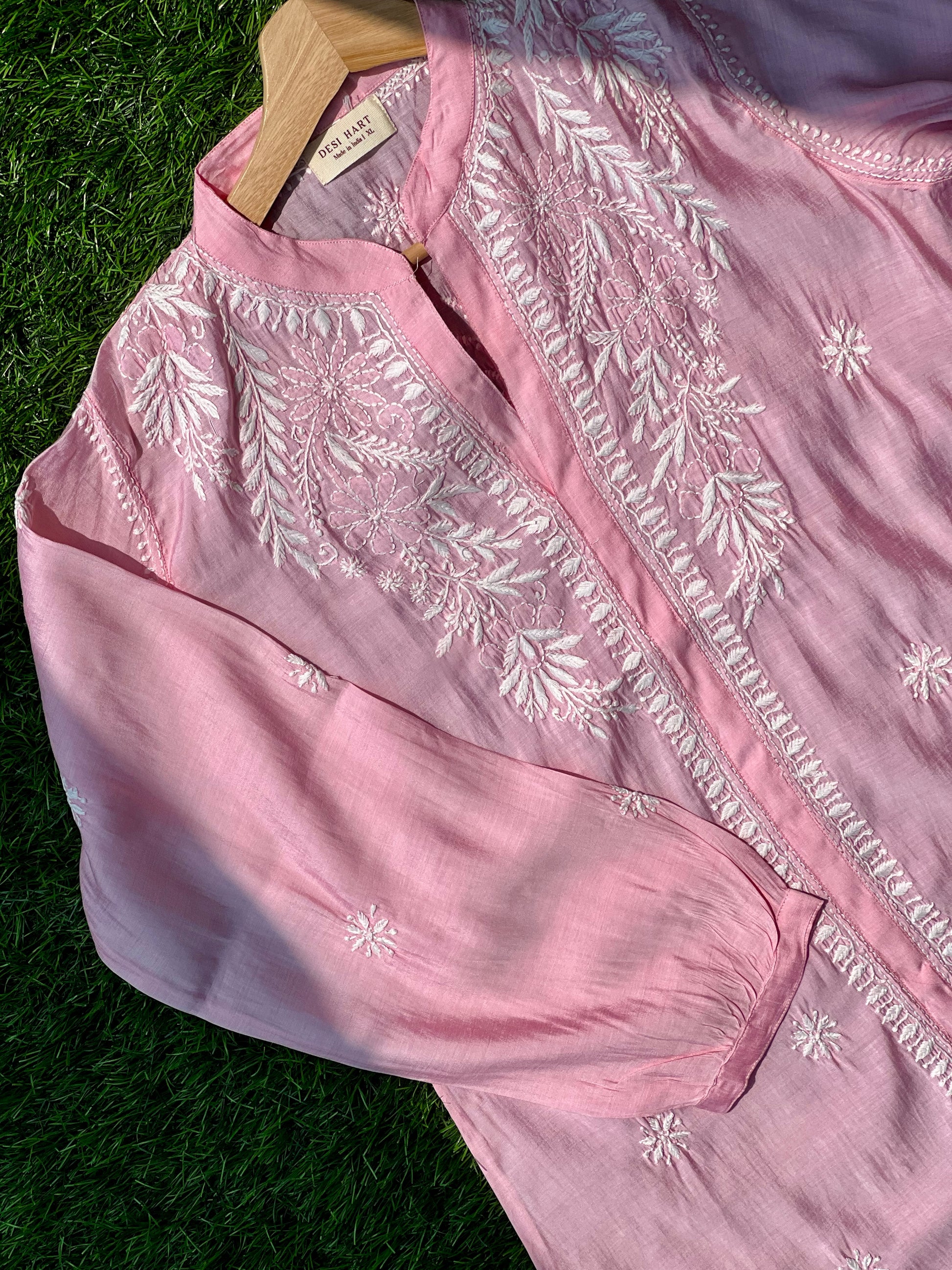 Pink Chikankari Straight Mul Chanderi Short Kurti - Desi Hart