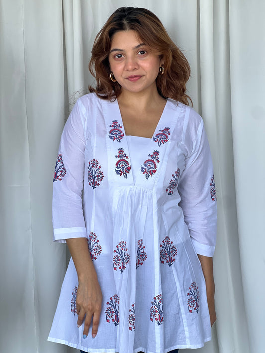 White Hand Block Flared Cotton Short Kurti - Desi Hart