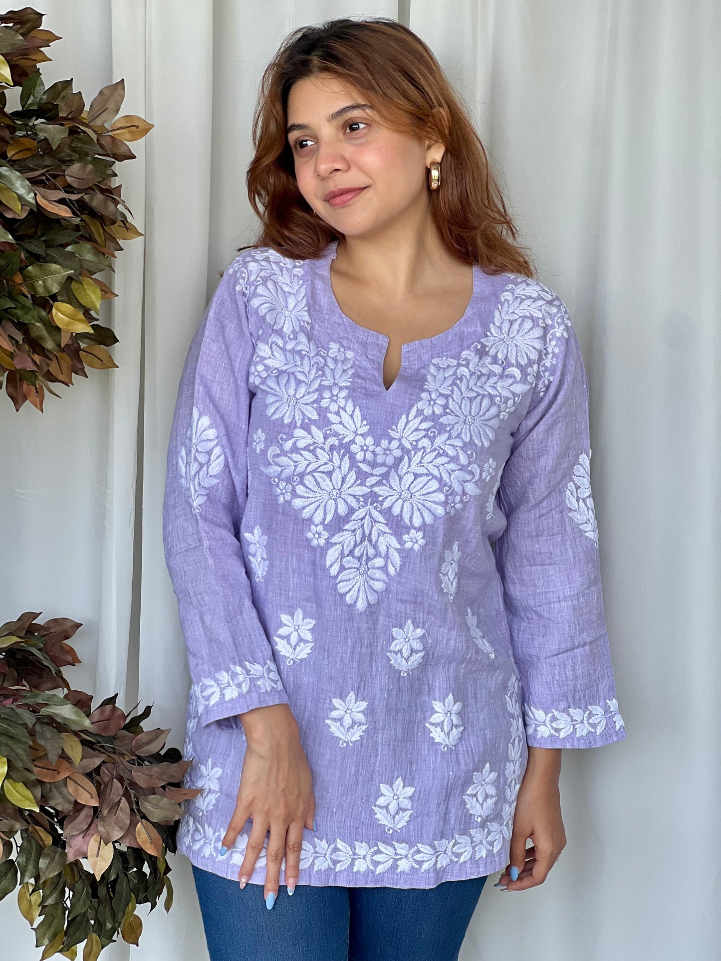 Blue Chikankari Relaxed Linen Short Kurti - Desi Hart