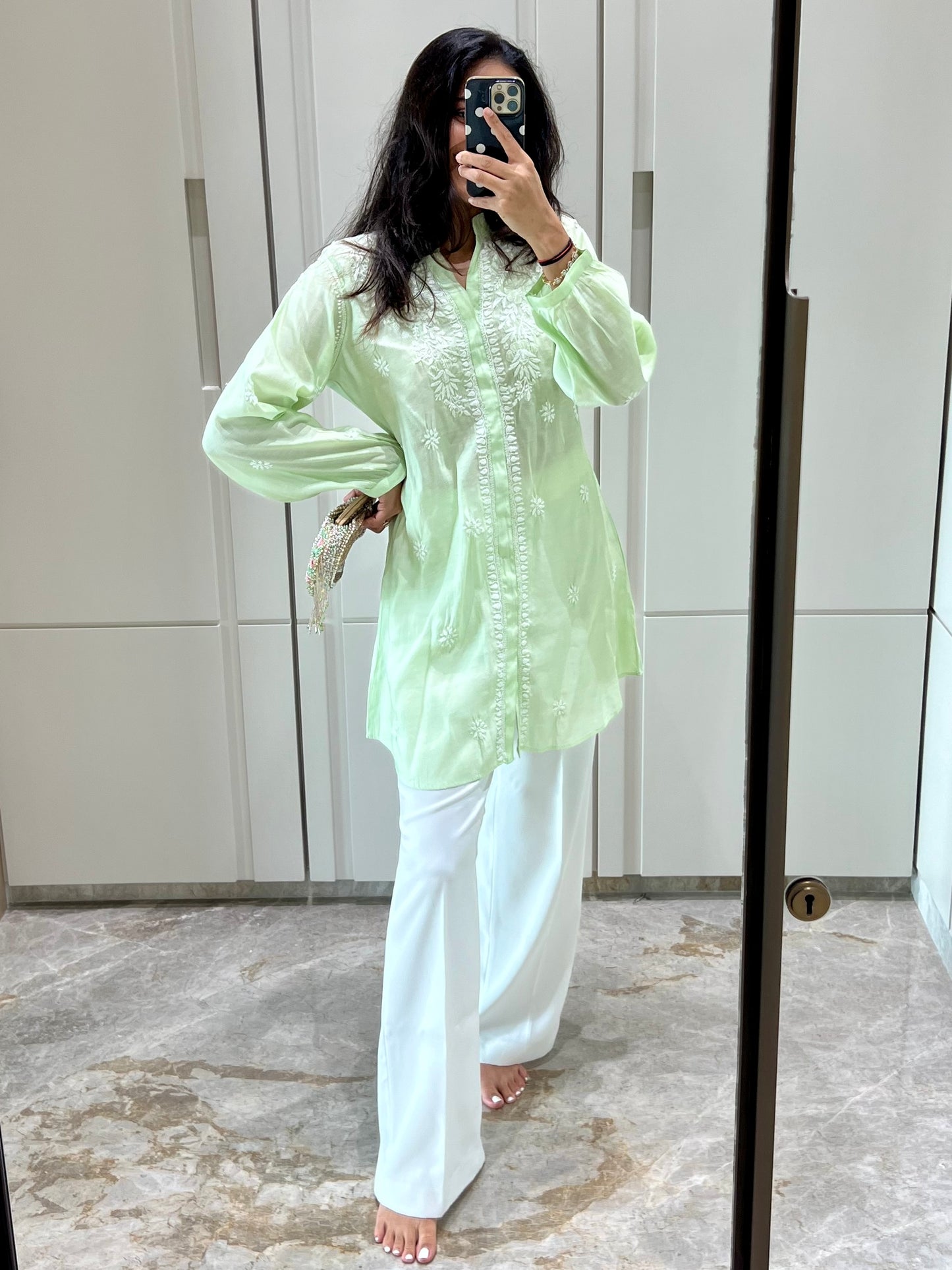 Green Chikankari Straight Mul Chanderi Short Kurti - Desi Hart