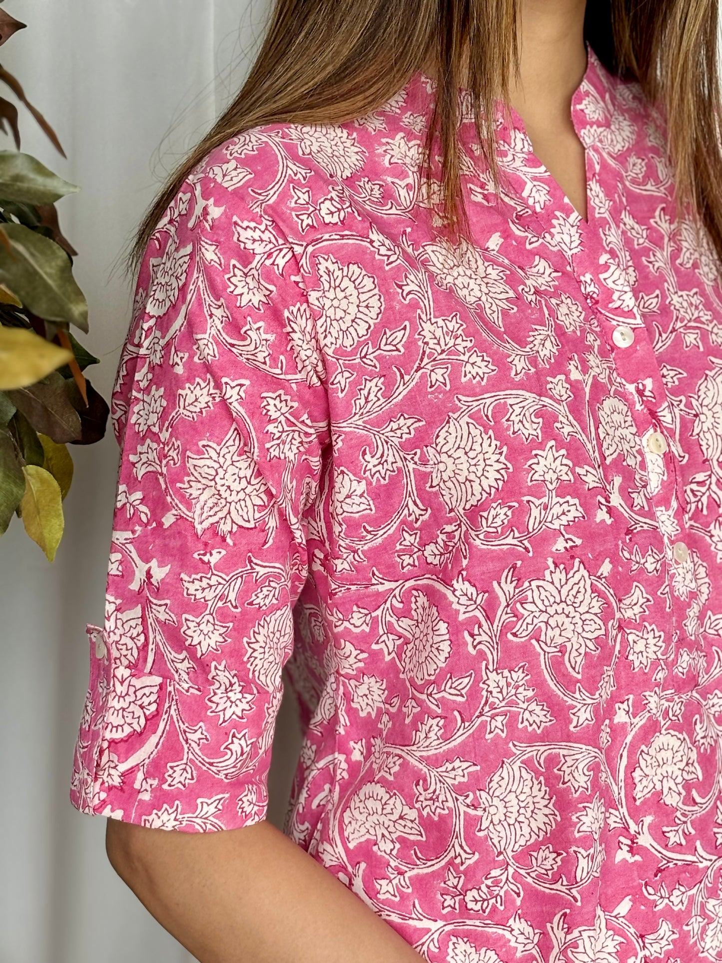 Pink Hand Block Relaxed Cotton Short Kurti - Desi Hart