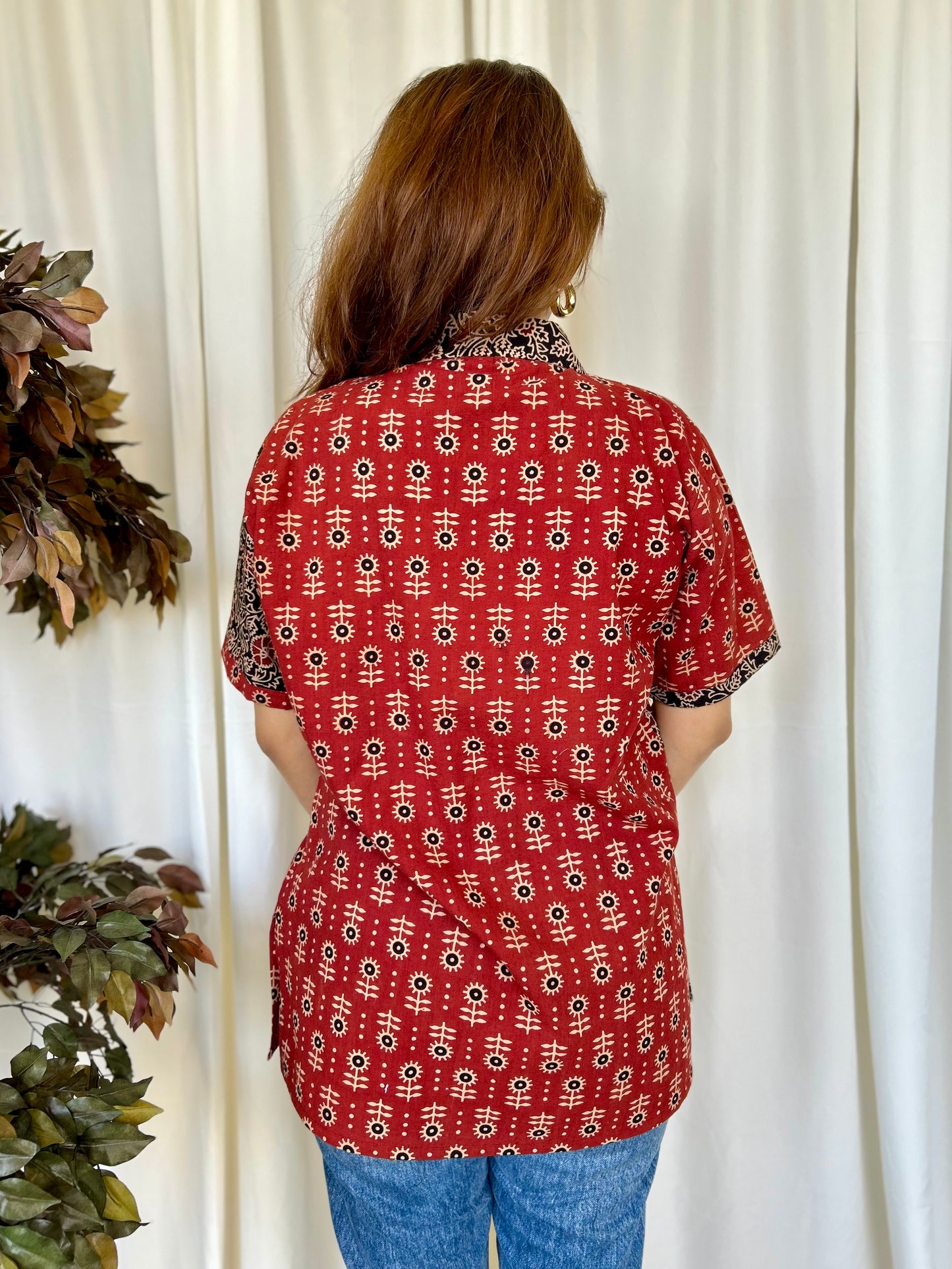 Red Ajrakh Relaxed Cotton Shirt - Desi Hart