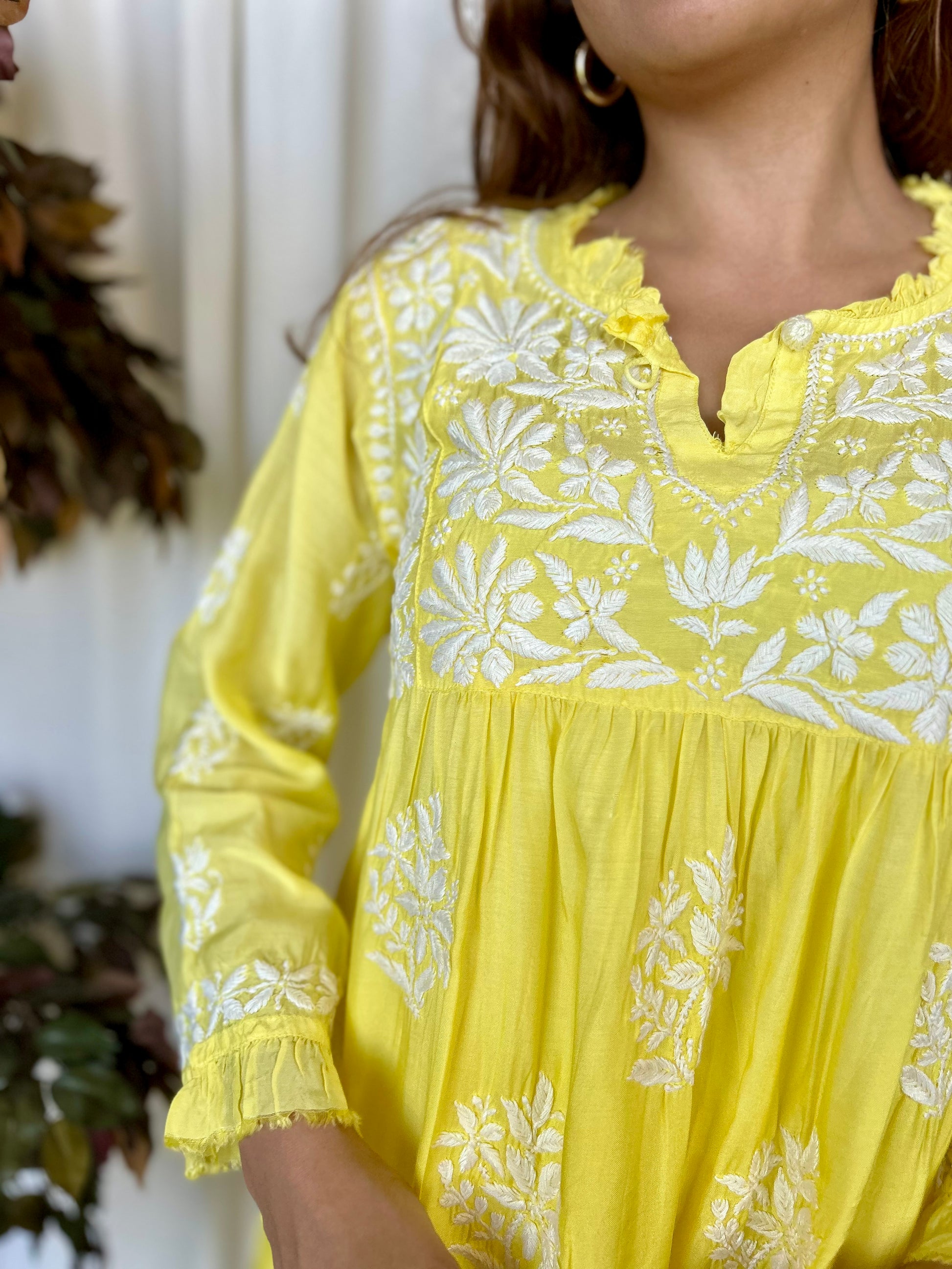Yellow Chikankari Flared Muslin Short Kurti - Desi Hart